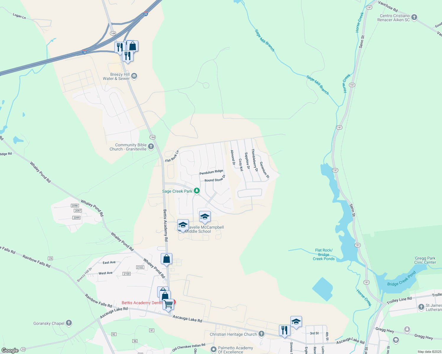 map of restaurants, bars, coffee shops, grocery stores, and more near 7203 Round Stone Drive in Graniteville