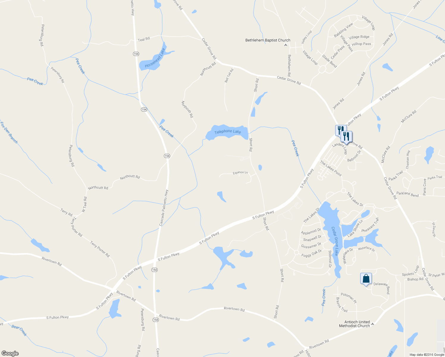 map of restaurants, bars, coffee shops, grocery stores, and more near 8310 Equinox Lane in Fairburn