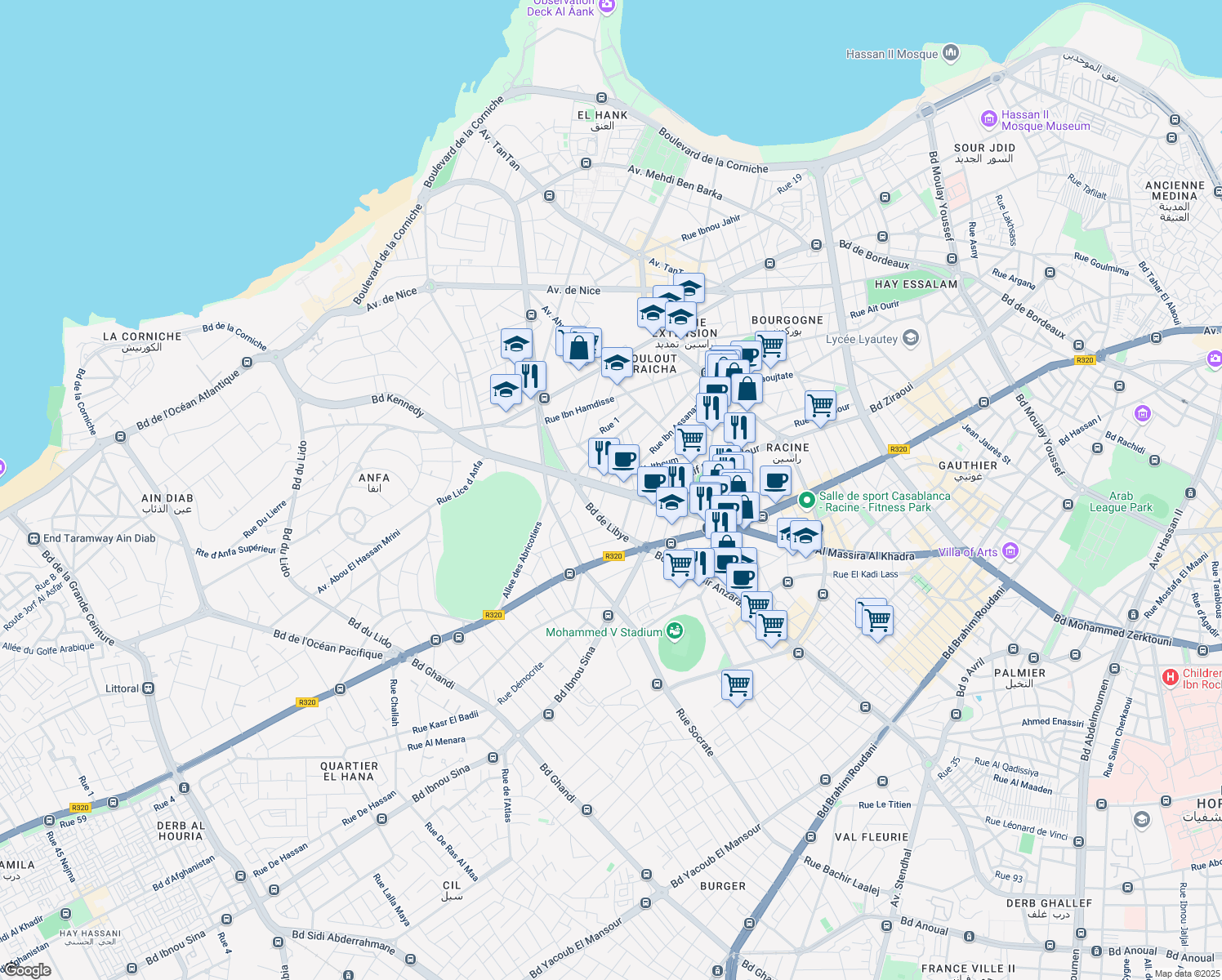 map of restaurants, bars, coffee shops, grocery stores, and more near Boulevard Franklin Roosevelt in Casablanca