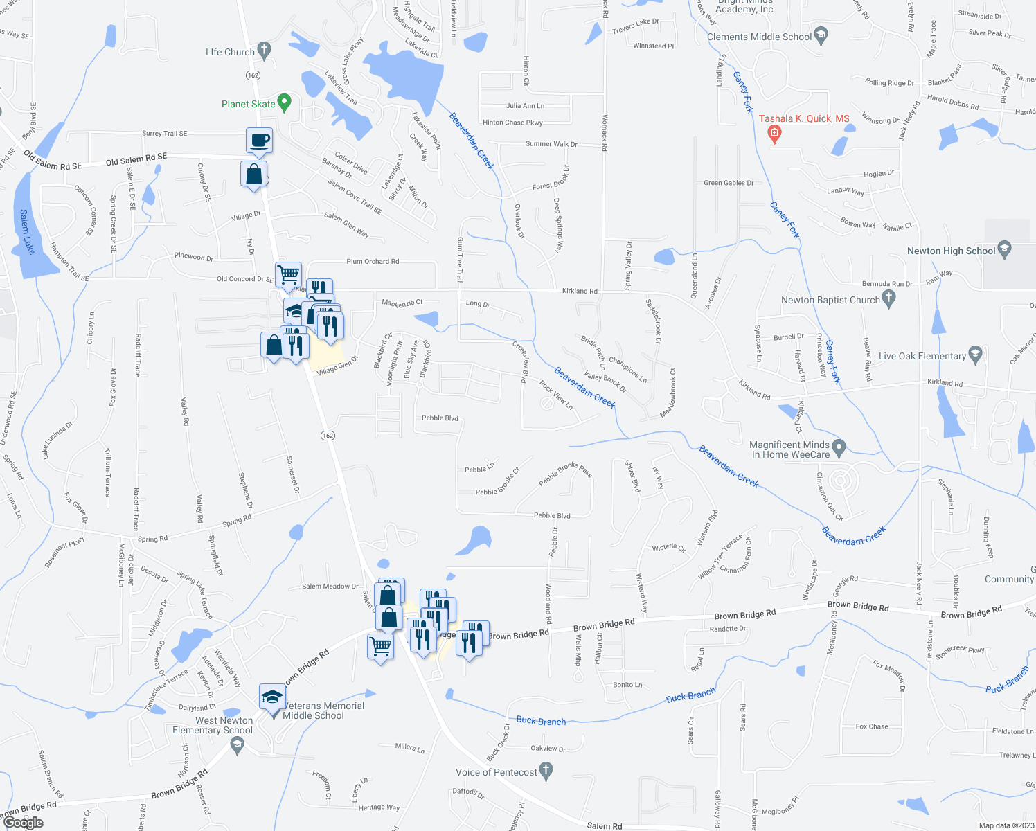 map of restaurants, bars, coffee shops, grocery stores, and more near 410 Creekview Boulevard in Covington