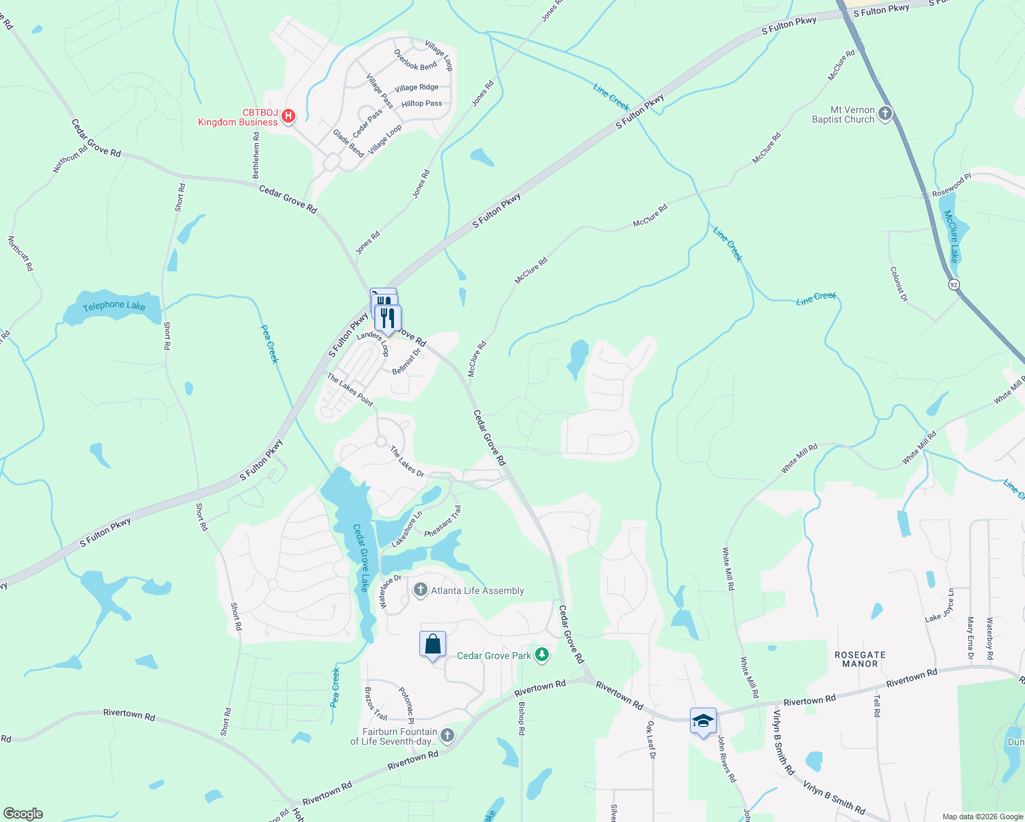 map of restaurants, bars, coffee shops, grocery stores, and more near 7527 Waverly Loop in Fairburn