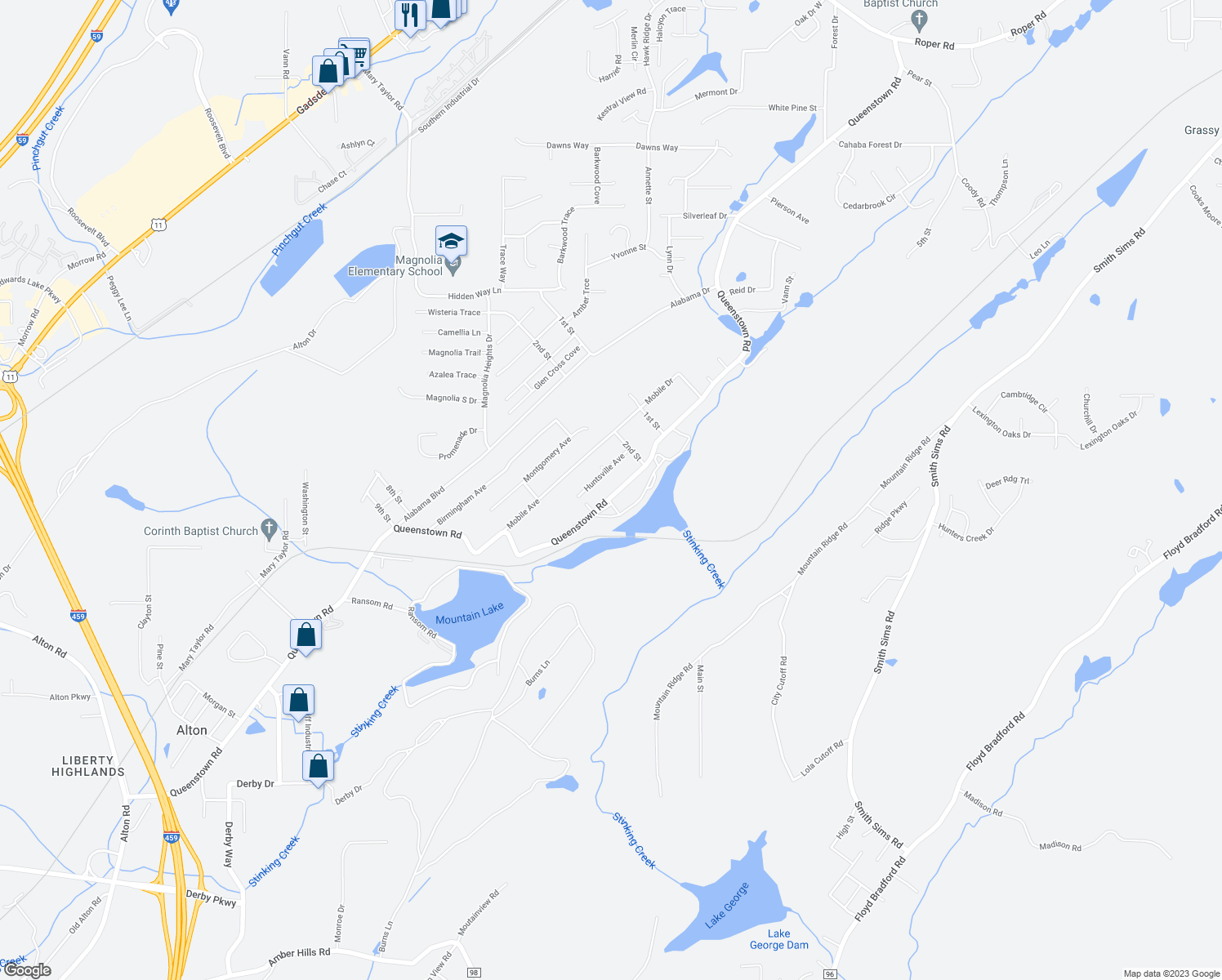 map of restaurants, bars, coffee shops, grocery stores, and more near 2962 Queenstown Road in Trussville