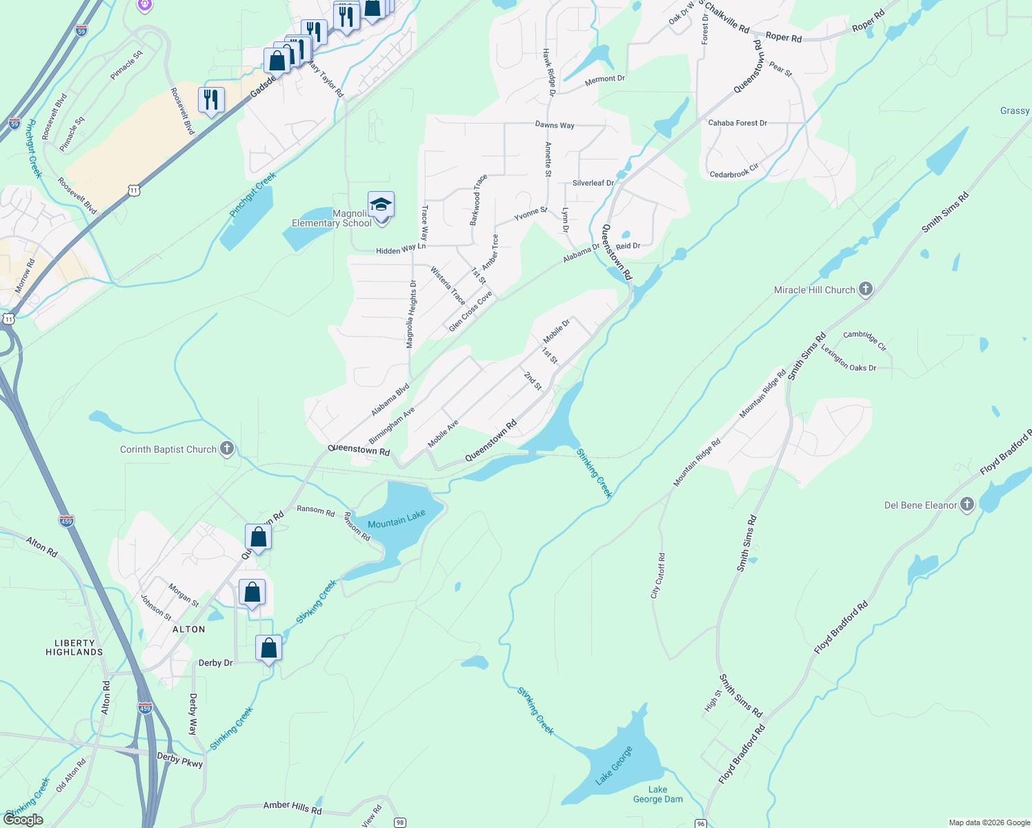 map of restaurants, bars, coffee shops, grocery stores, and more near 2942 Queenstown Road in Trussville