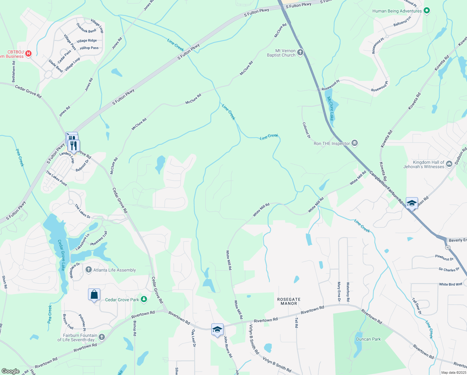 map of restaurants, bars, coffee shops, grocery stores, and more near 446 Samara Court in Fairburn