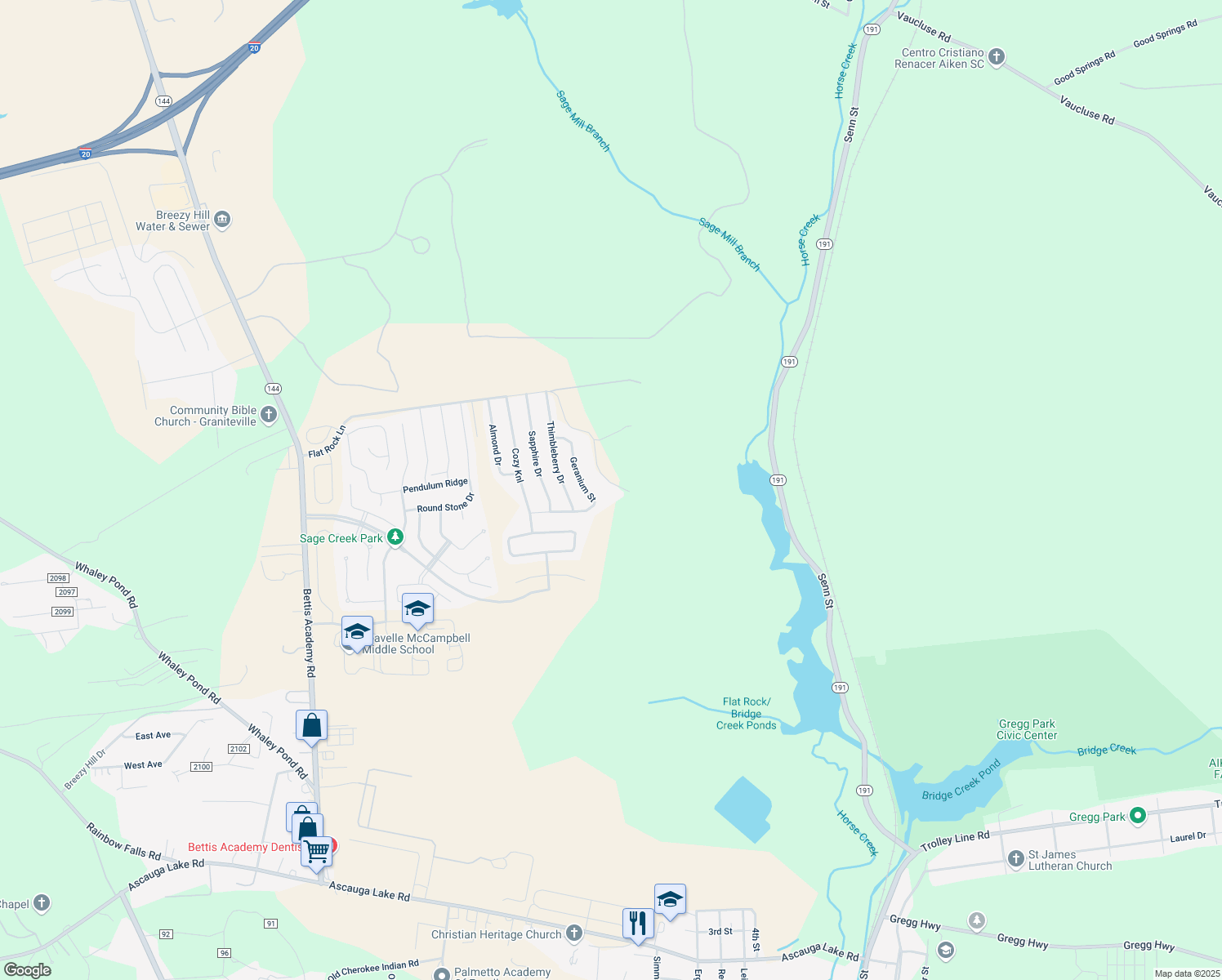 map of restaurants, bars, coffee shops, grocery stores, and more near 724 Flat Rock Lane in Graniteville