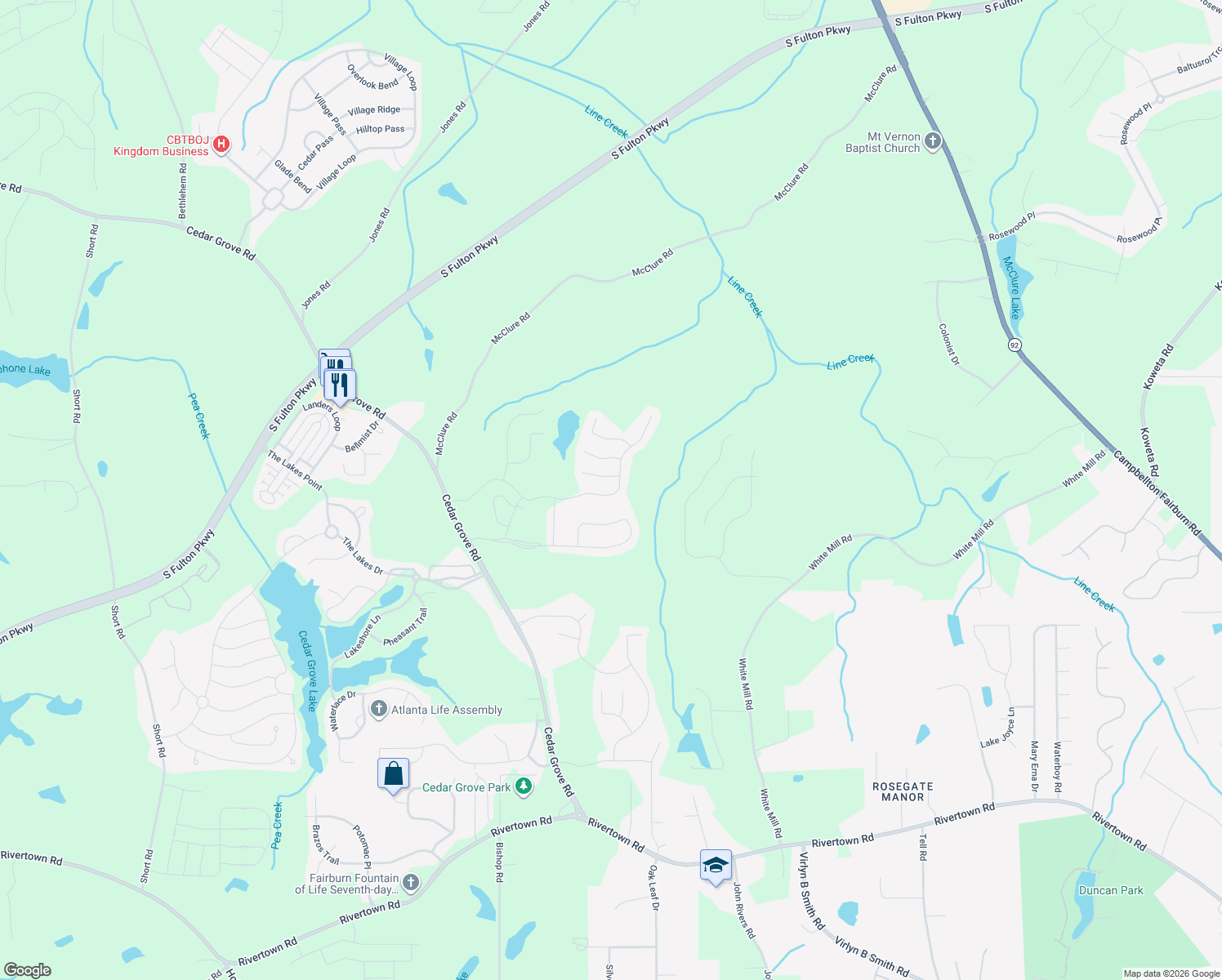 map of restaurants, bars, coffee shops, grocery stores, and more near 7318 Parks Trail in Fairburn