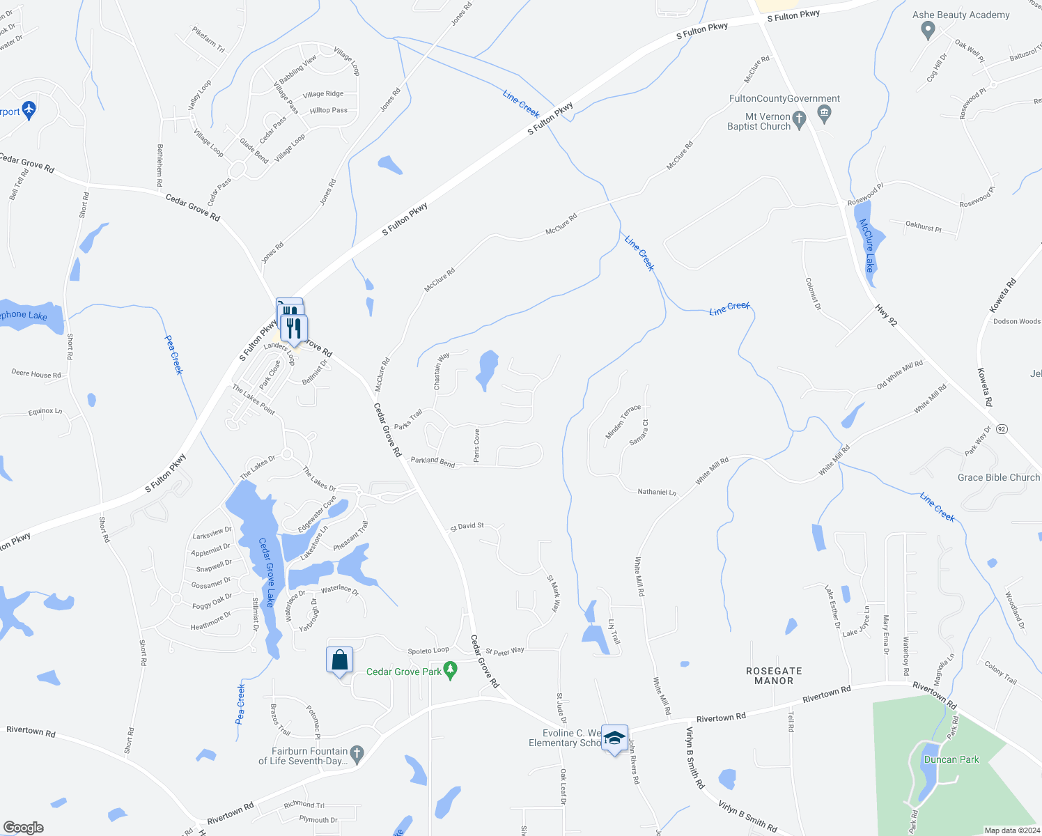 map of restaurants, bars, coffee shops, grocery stores, and more near 7327 Parks Trail in Fairburn