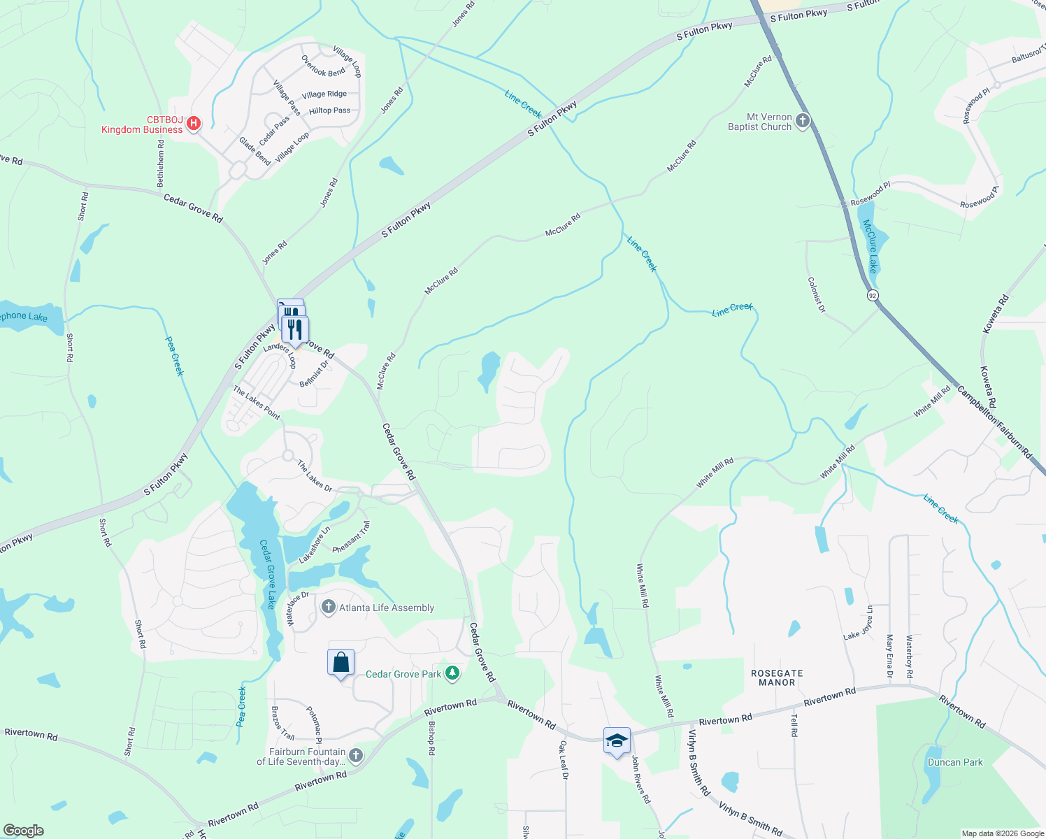 map of restaurants, bars, coffee shops, grocery stores, and more near 7327 Parks Trail in Fairburn