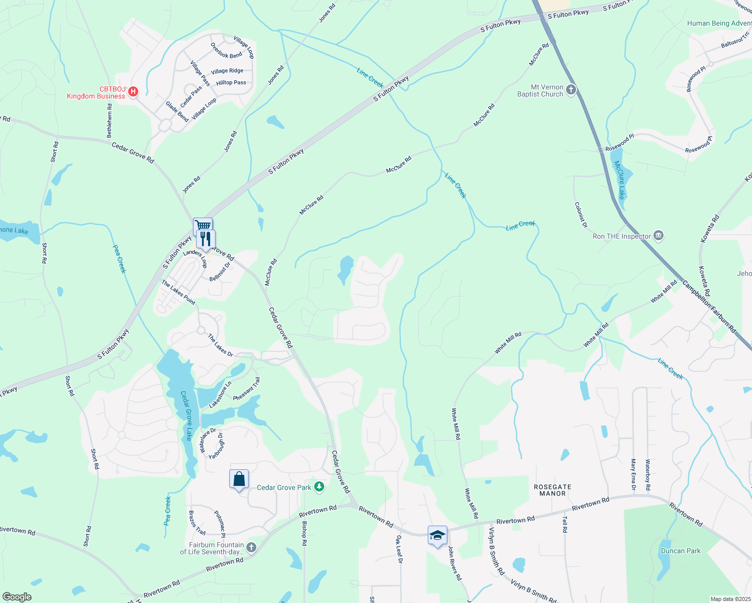 map of restaurants, bars, coffee shops, grocery stores, and more near 7307 Parks Trail in Fairburn