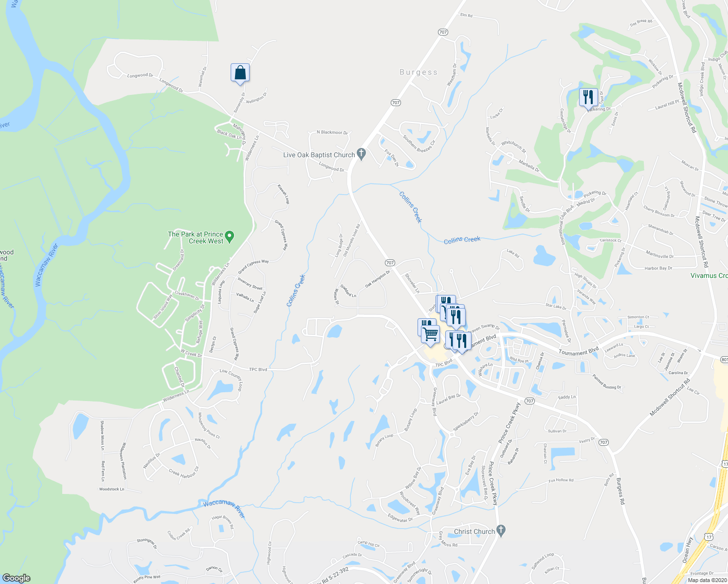 map of restaurants, bars, coffee shops, grocery stores, and more near 177 Oak Hampton Drive in Murrells Inlet