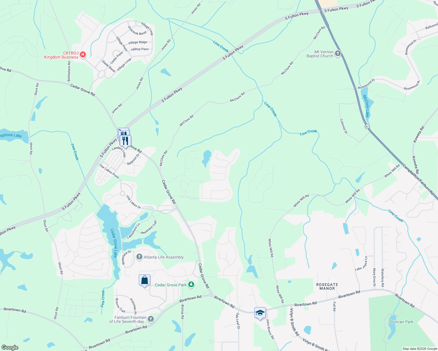 map of restaurants, bars, coffee shops, grocery stores, and more near 415 Fairmont Way in Fairburn