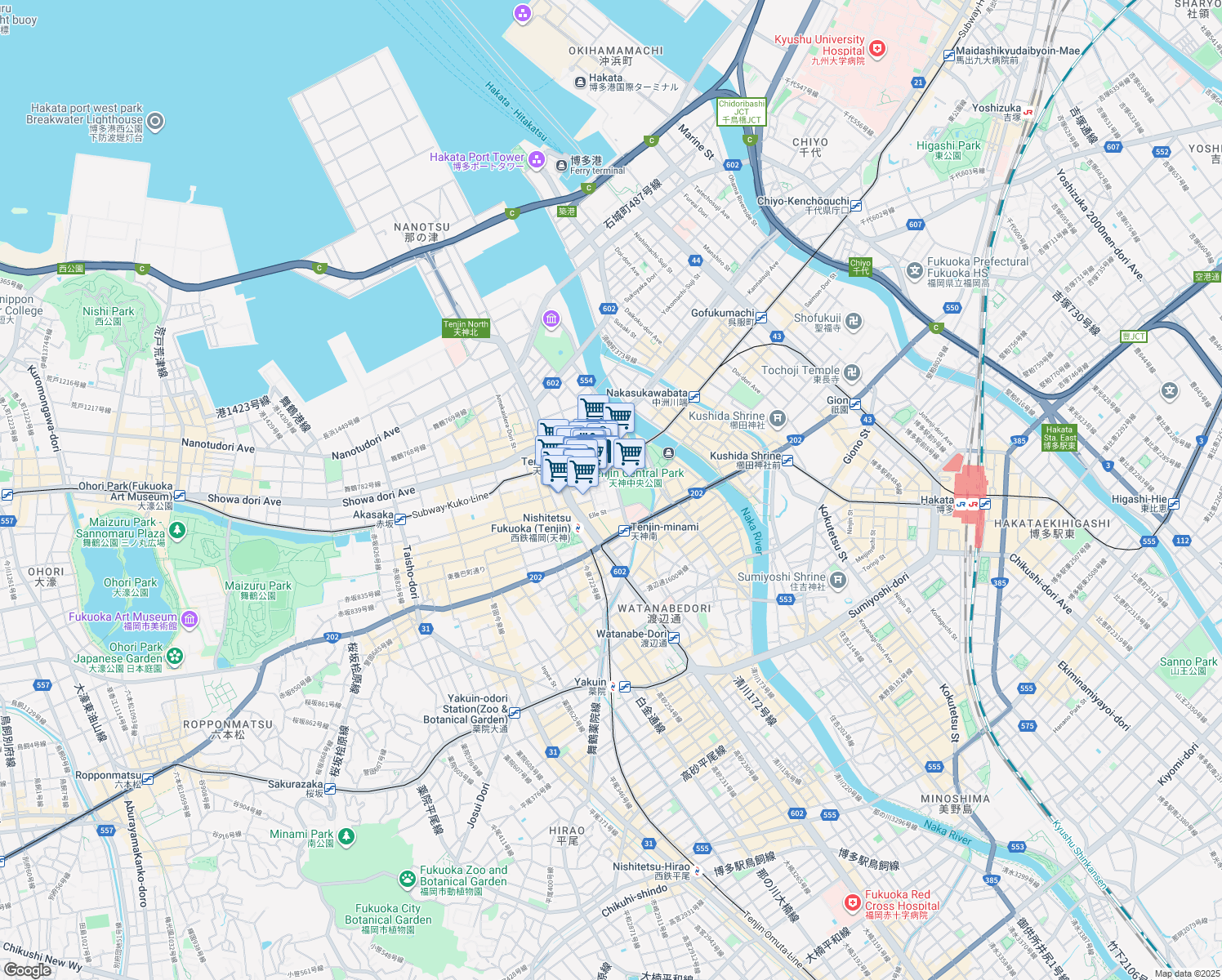 map of restaurants, bars, coffee shops, grocery stores, and more near in Fukuoka