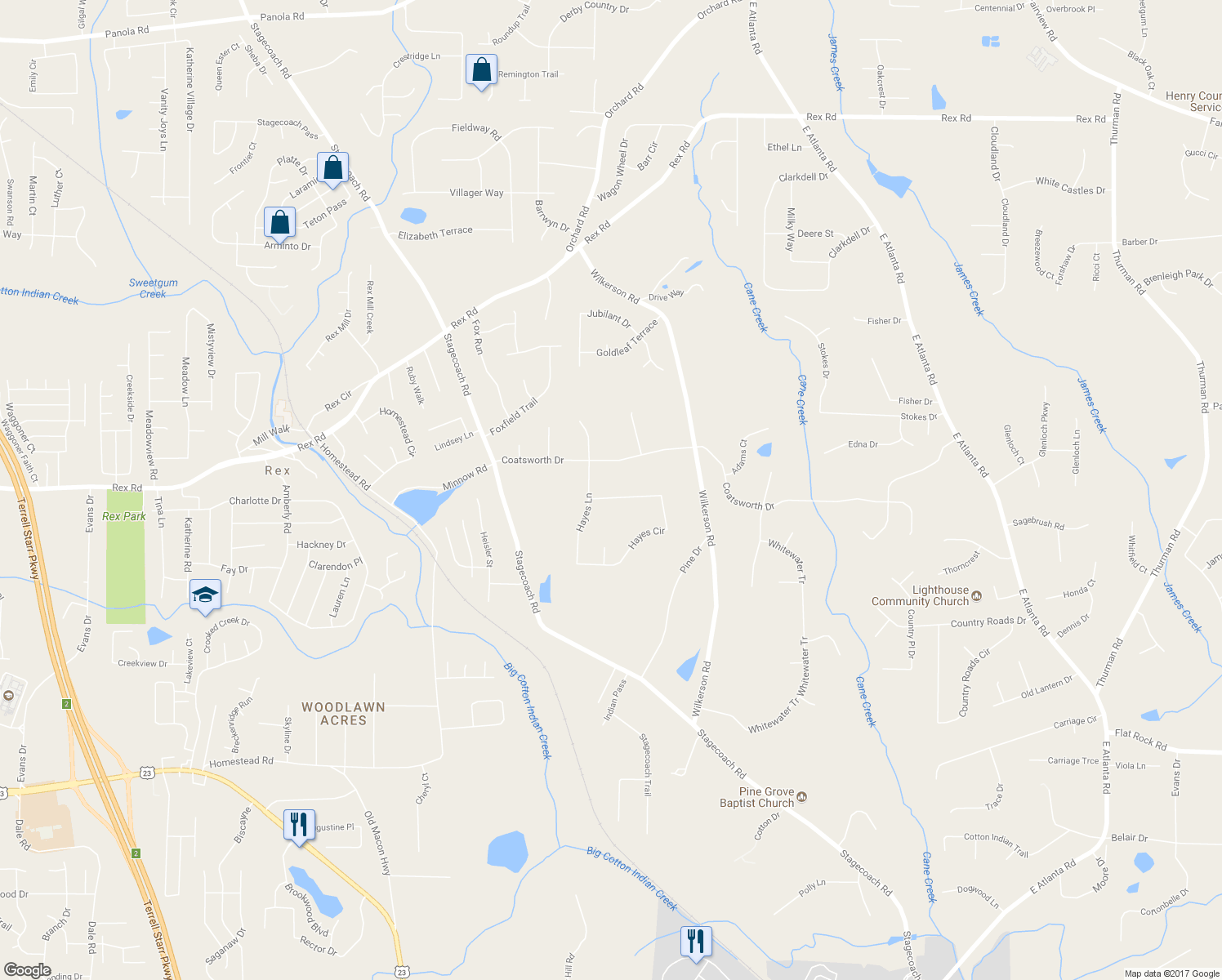map of restaurants, bars, coffee shops, grocery stores, and more near 105 Hayes Circle in Rex