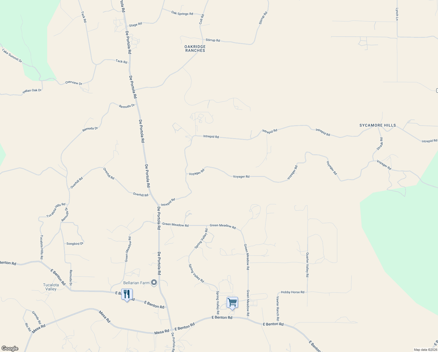 map of restaurants, bars, coffee shops, grocery stores, and more near Voyager Road in Temecula