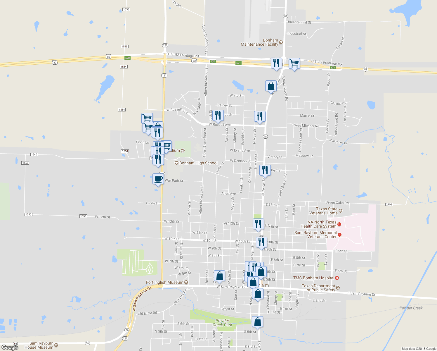 map of restaurants, bars, coffee shops, grocery stores, and more near 515 Lee Street in Bonham