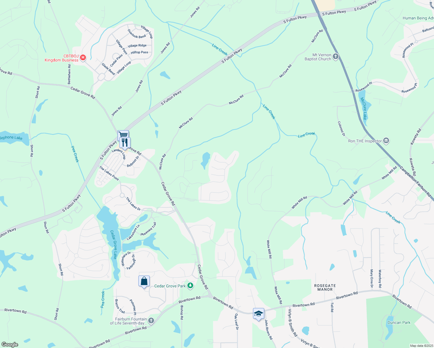map of restaurants, bars, coffee shops, grocery stores, and more near 260 Misty Walk in Fairburn