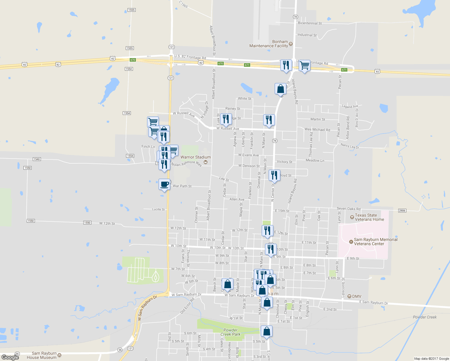 map of restaurants, bars, coffee shops, grocery stores, and more near 505 Lee Street in Bonham