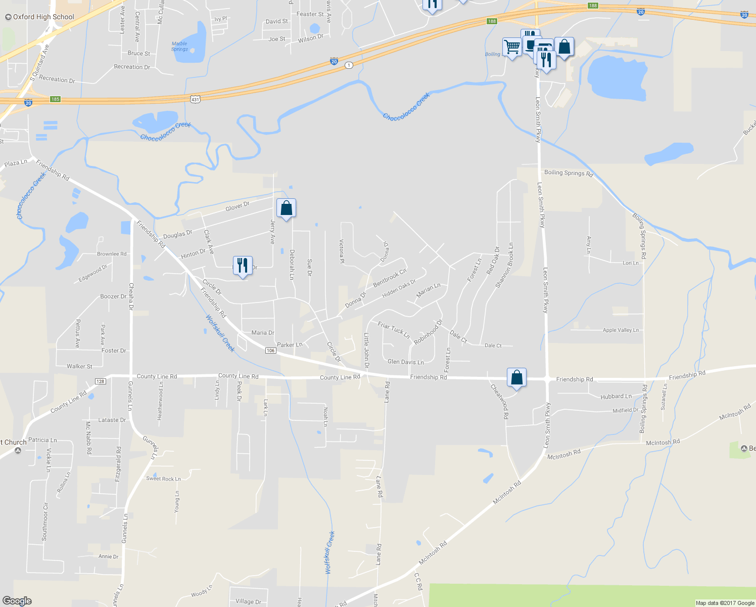 map of restaurants, bars, coffee shops, grocery stores, and more near 114 Hidden Oaks Drive in Oxford