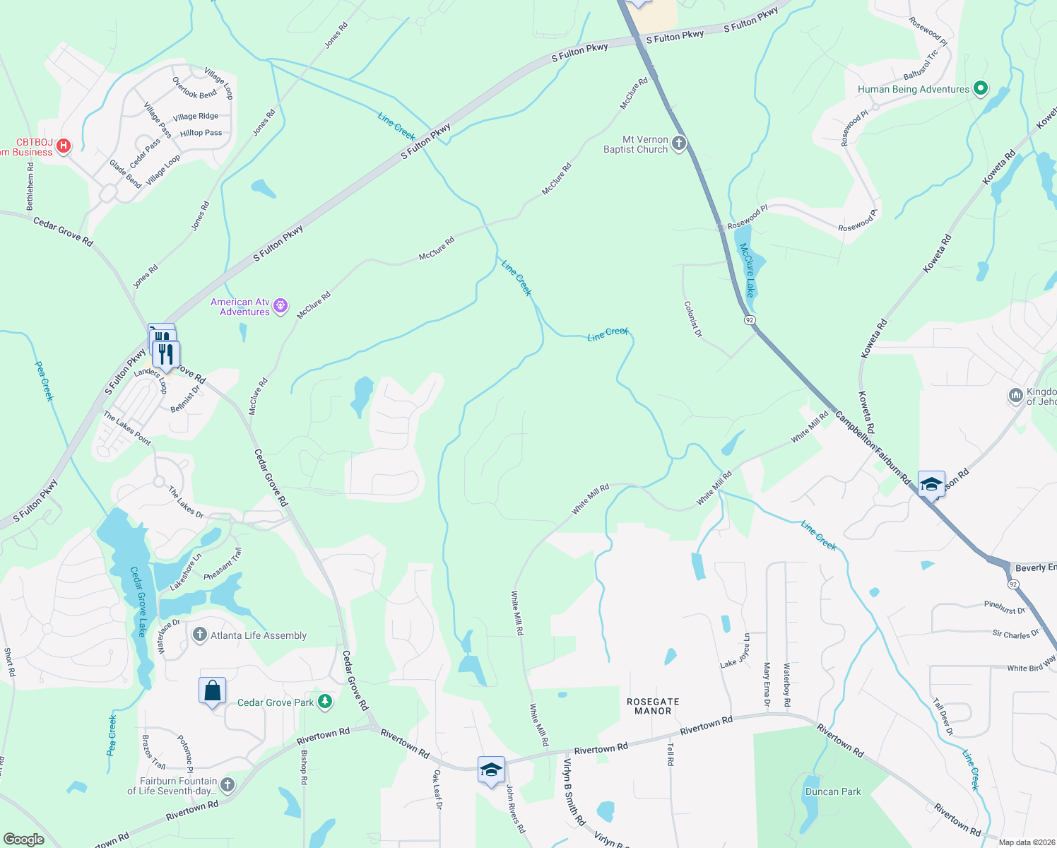map of restaurants, bars, coffee shops, grocery stores, and more near 422 Samara Court in Fairburn