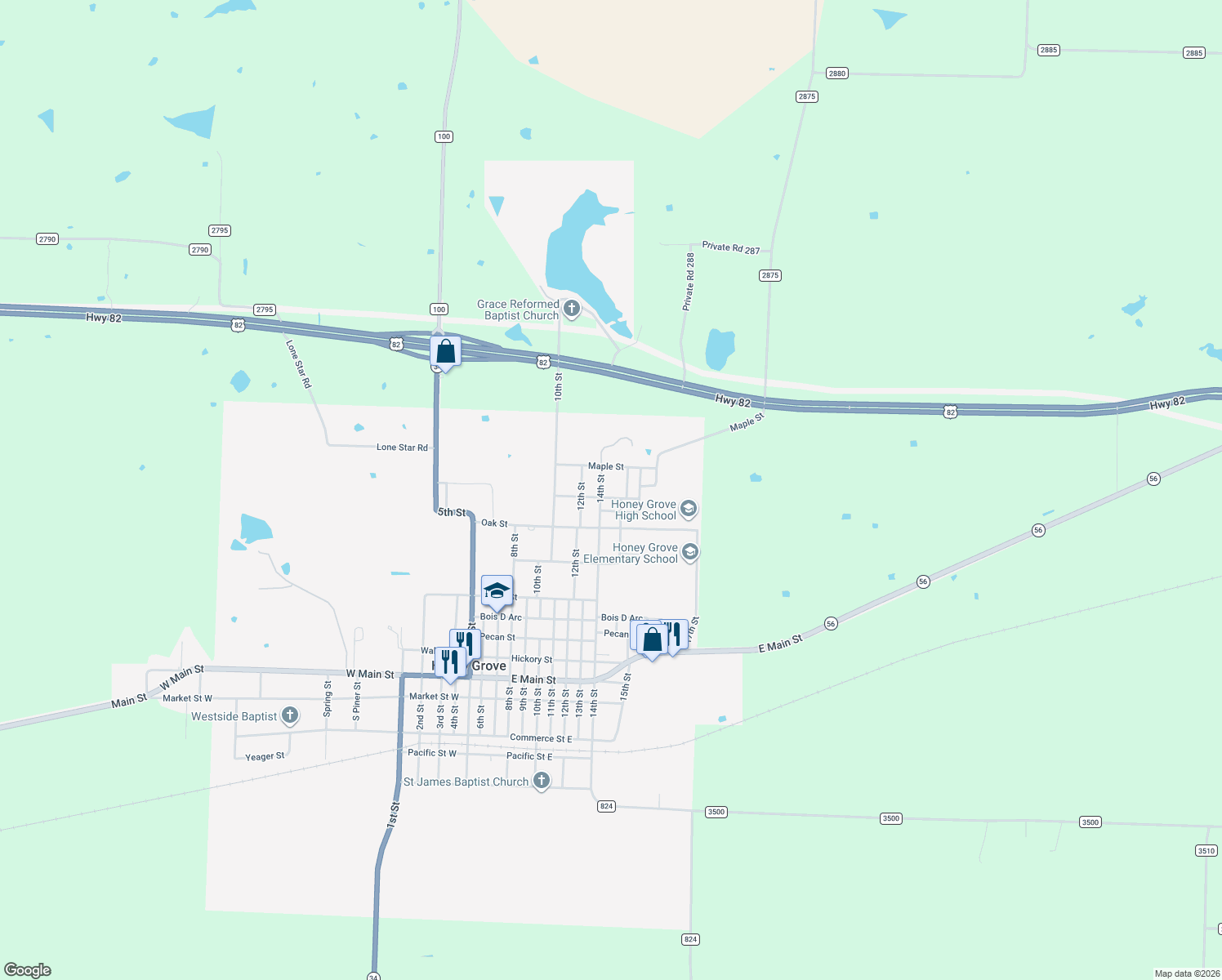 map of restaurants, bars, coffee shops, grocery stores, and more near 1003 Walnut Street in Honey Grove