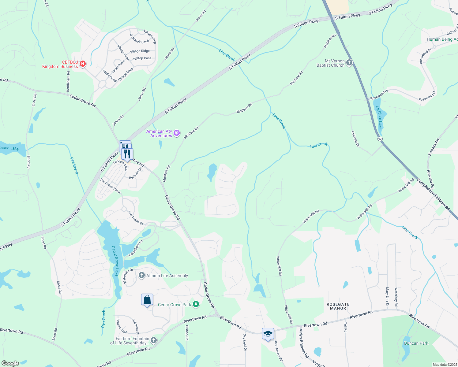 map of restaurants, bars, coffee shops, grocery stores, and more near 415 Fairmont Way in Fairburn