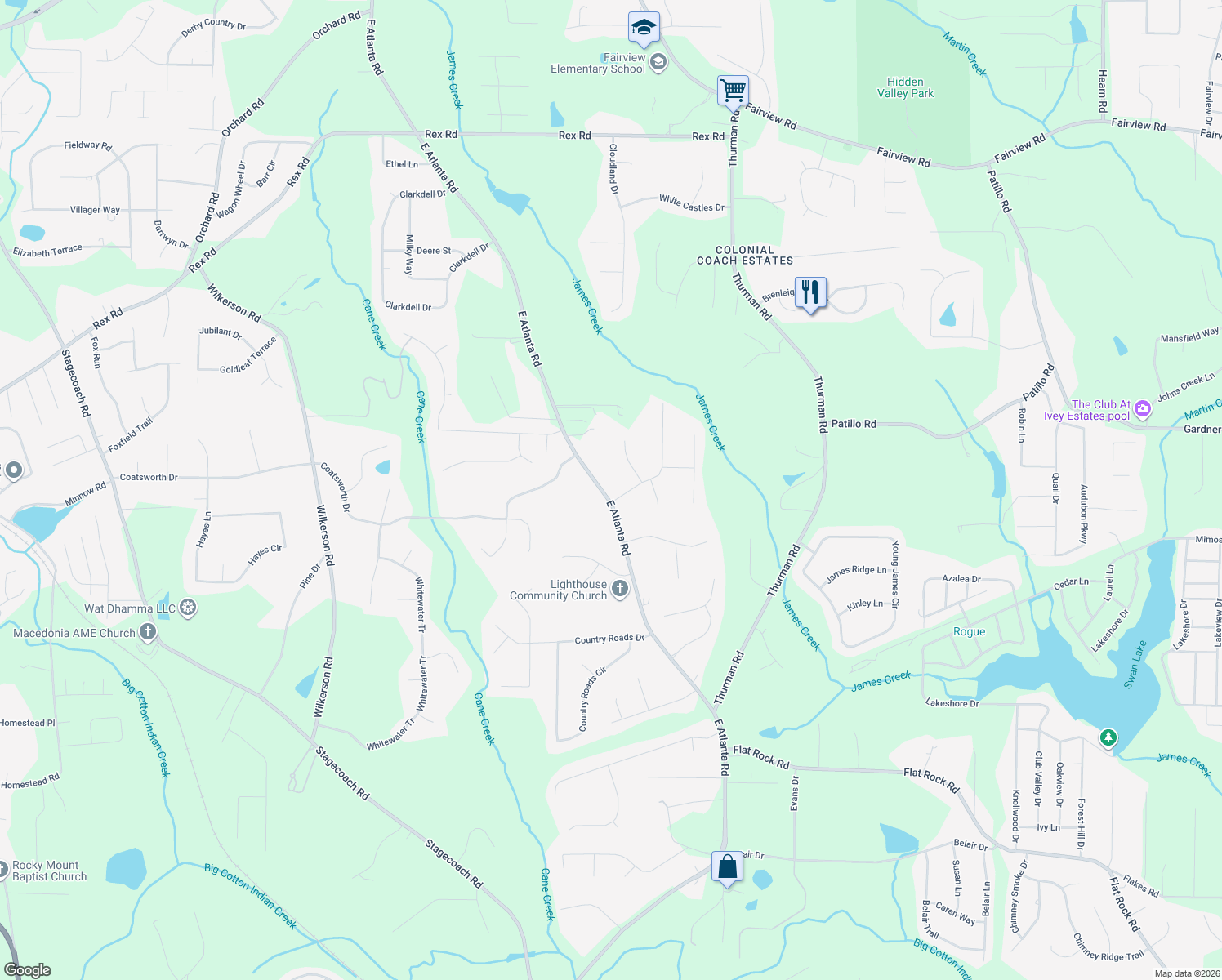 map of restaurants, bars, coffee shops, grocery stores, and more near 1796 East Atlanta Road in Stockbridge