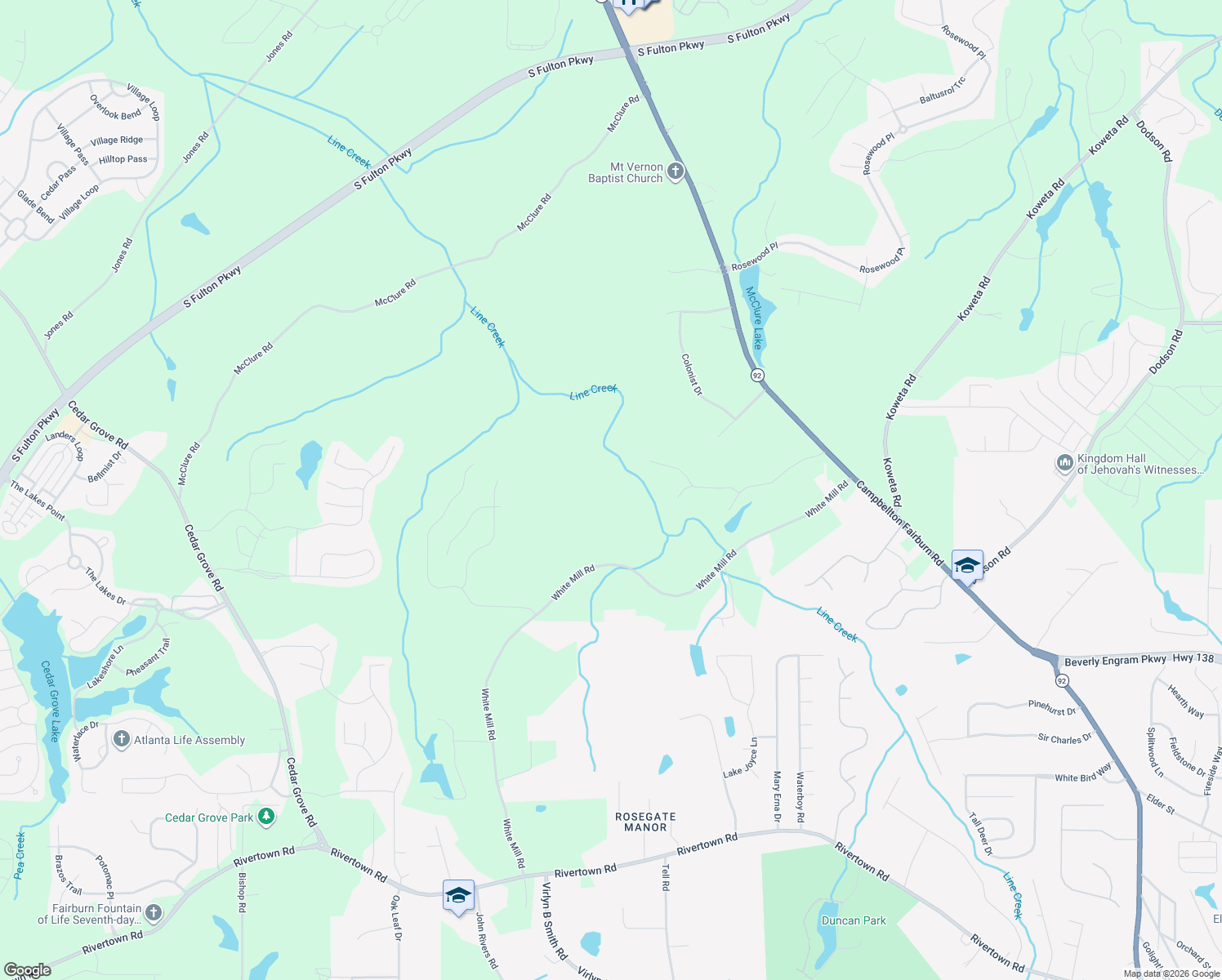 map of restaurants, bars, coffee shops, grocery stores, and more near 6897 White Mill Road in Fairburn