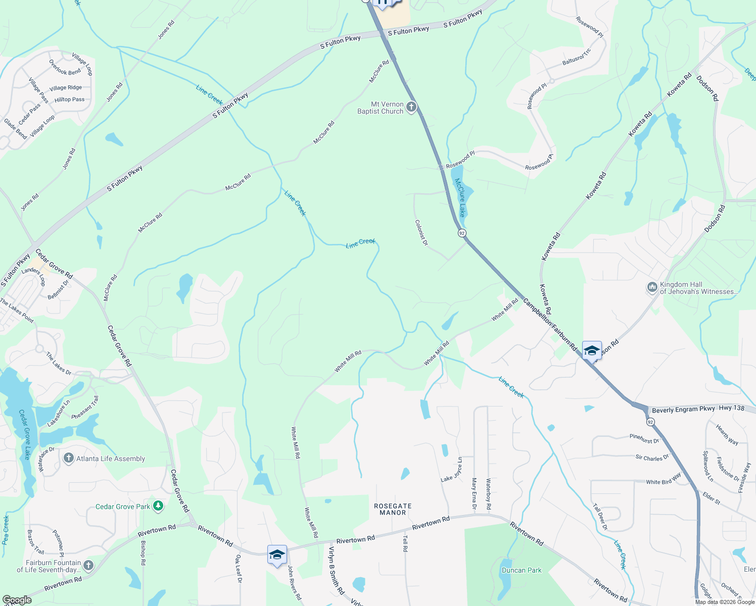 map of restaurants, bars, coffee shops, grocery stores, and more near 6897 White Mill Road in Fairburn