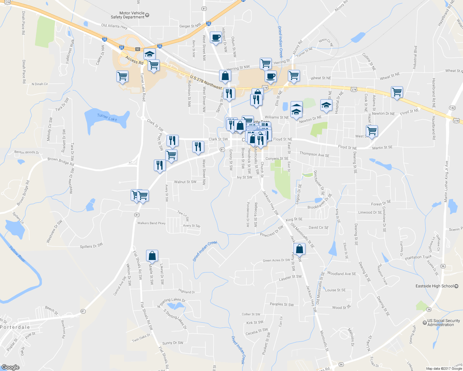 map of restaurants, bars, coffee shops, grocery stores, and more near 3132 Lunsford Circle Southwest in Covington