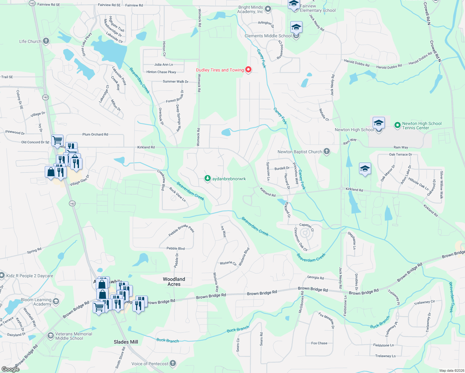 map of restaurants, bars, coffee shops, grocery stores, and more near 190 Meadowbrook Court in Covington