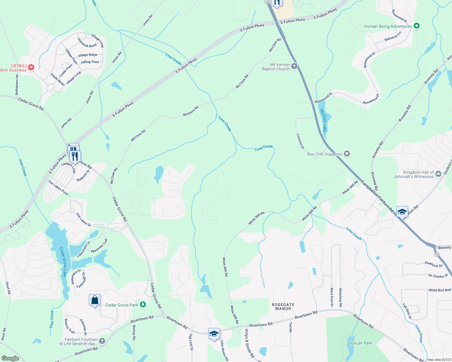 map of restaurants, bars, coffee shops, grocery stores, and more near 417 Samara Court in Fairburn