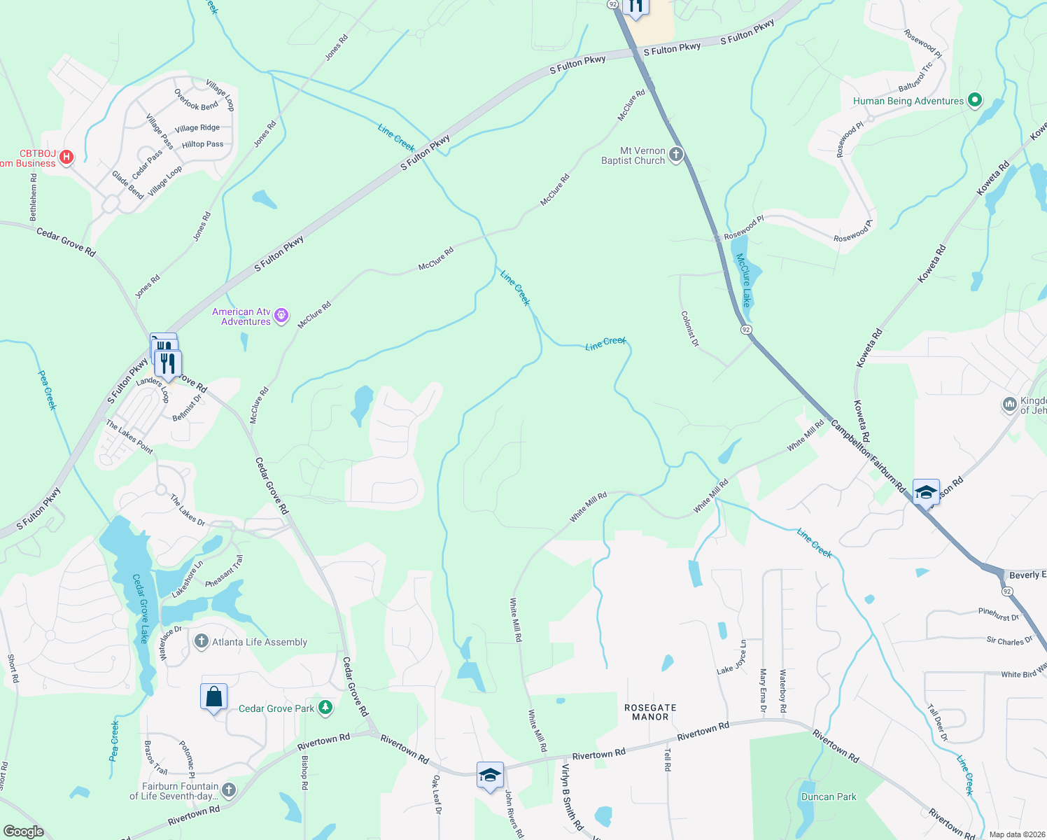 map of restaurants, bars, coffee shops, grocery stores, and more near 422 Samara Court in Fairburn