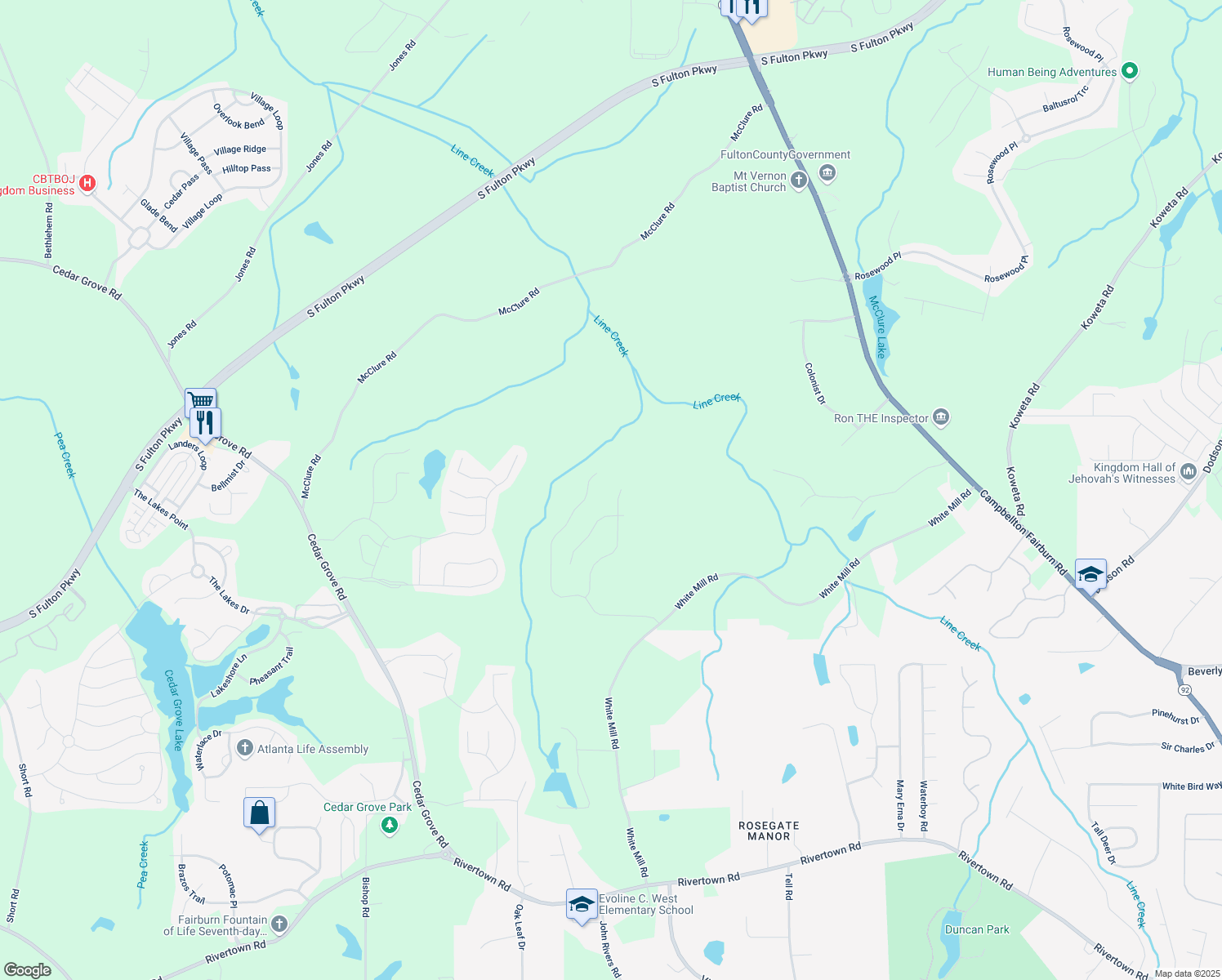map of restaurants, bars, coffee shops, grocery stores, and more near 417 Samara Court in Fairburn