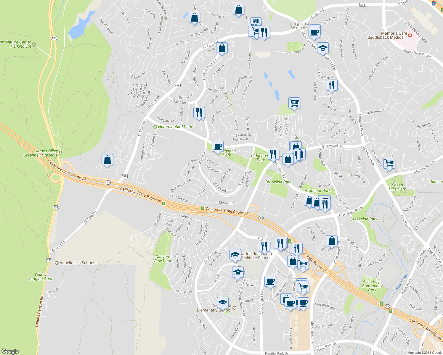 map of restaurants, bars, coffee shops, grocery stores, and more near 29 Sandbridge in Aliso Viejo