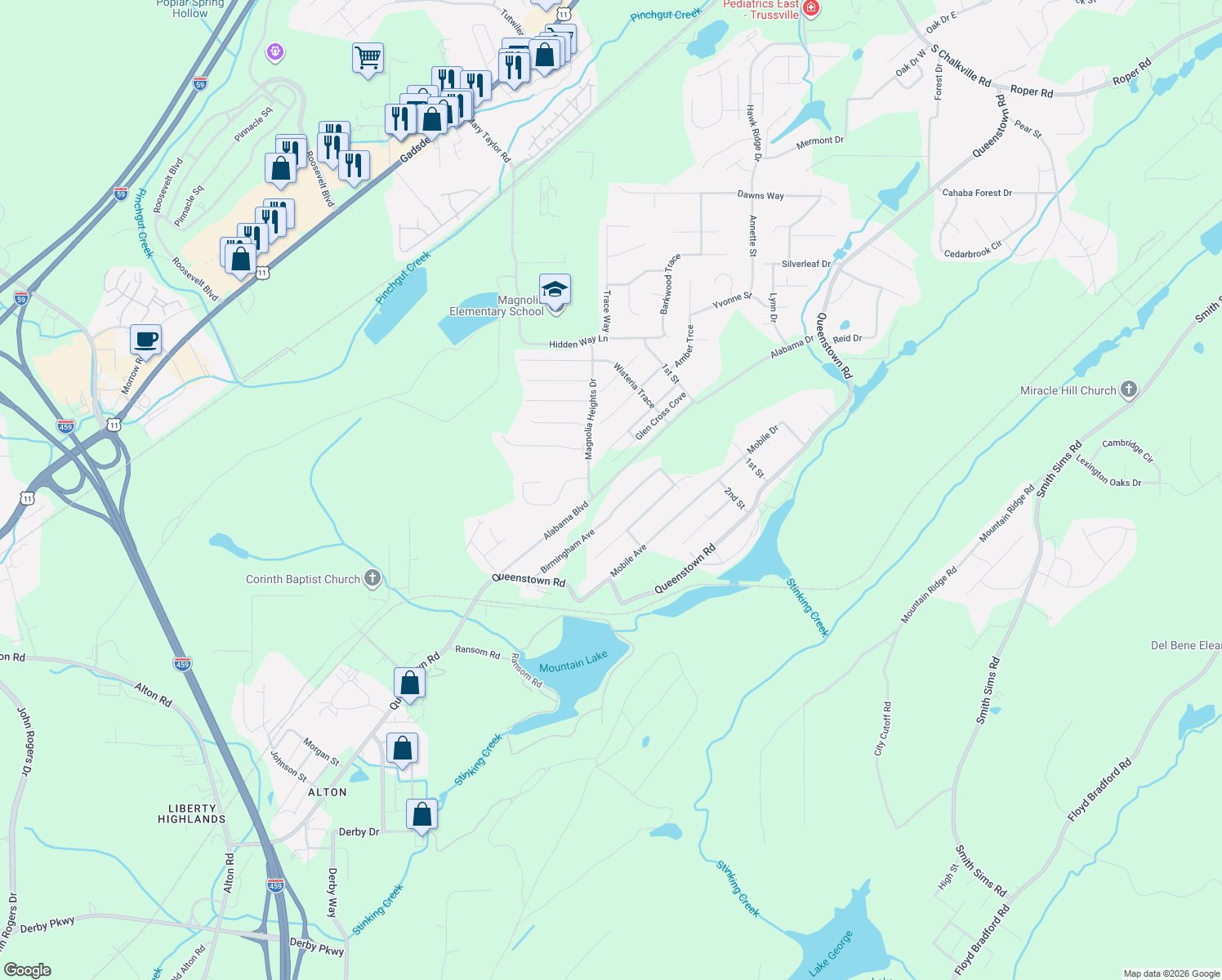 map of restaurants, bars, coffee shops, grocery stores, and more near 336 Alabama Boulevard in Trussville