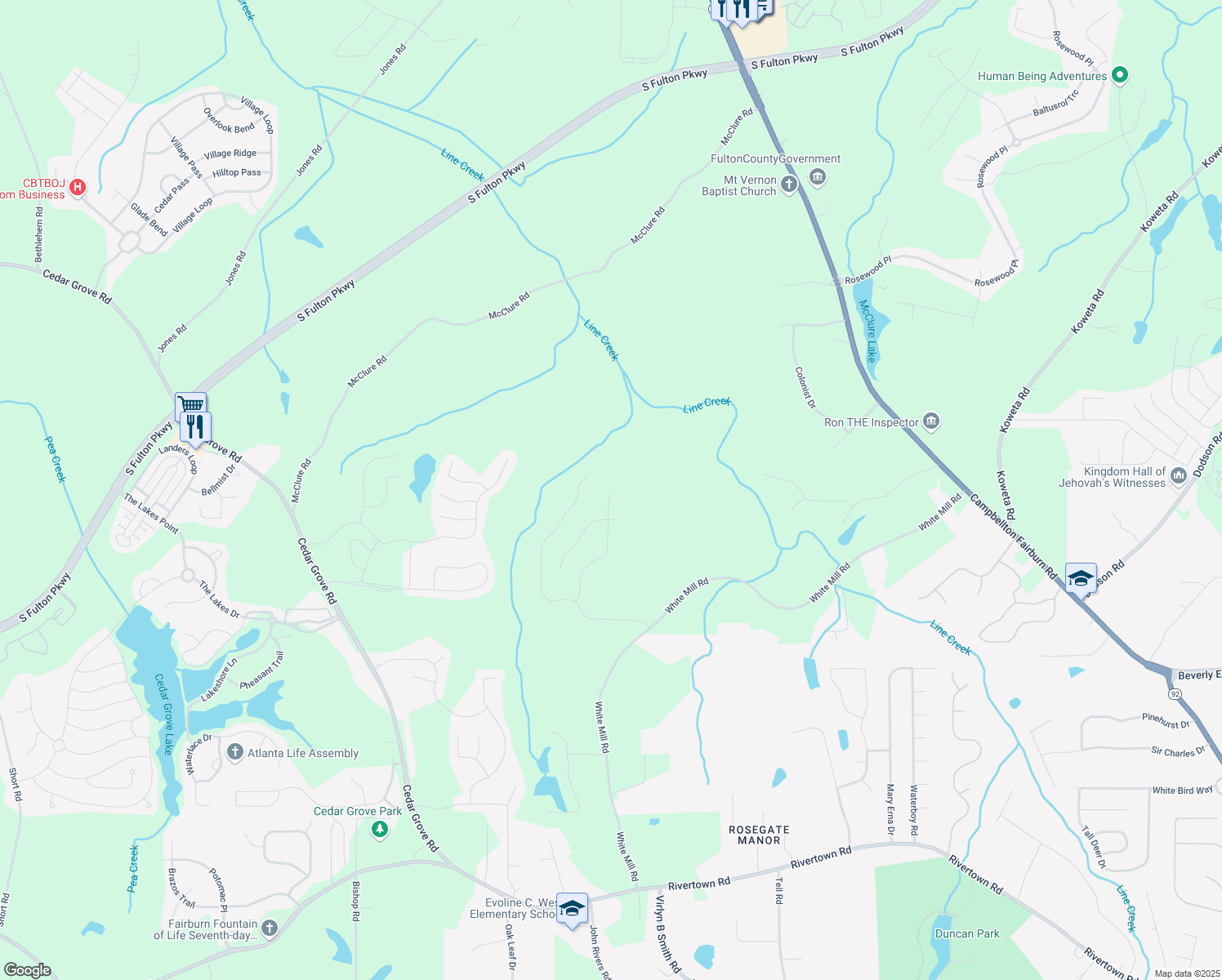 map of restaurants, bars, coffee shops, grocery stores, and more near 409 Samara Court in Fairburn