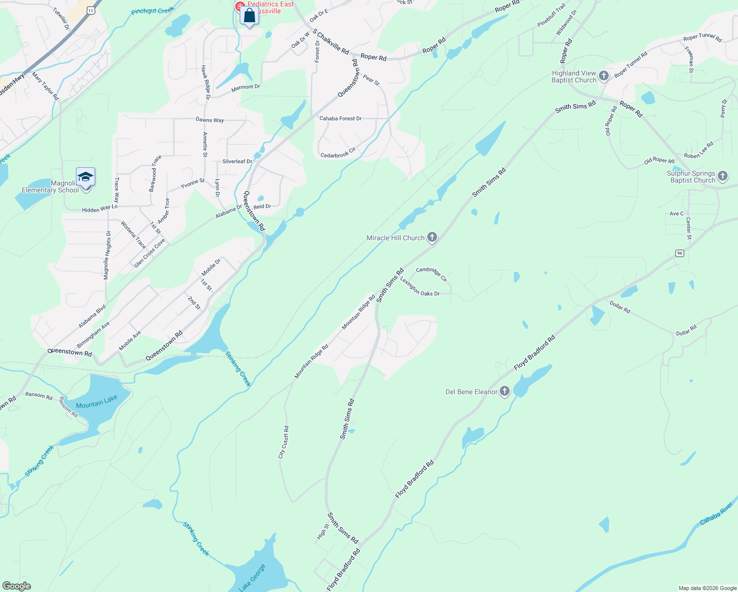 map of restaurants, bars, coffee shops, grocery stores, and more near 6520 Mountain Ridge Road in Trussville