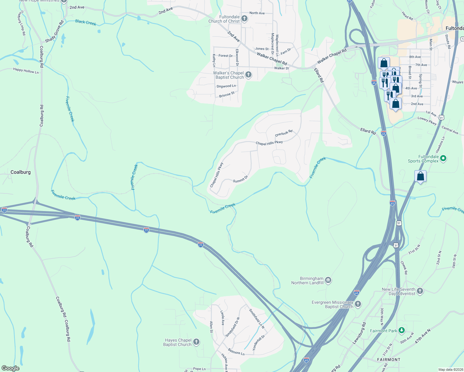 map of restaurants, bars, coffee shops, grocery stores, and more near 2957 Summit Drive in Fultondale