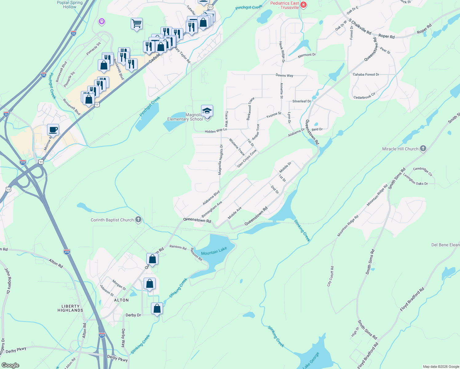 map of restaurants, bars, coffee shops, grocery stores, and more near 336 Alabama Boulevard in Trussville