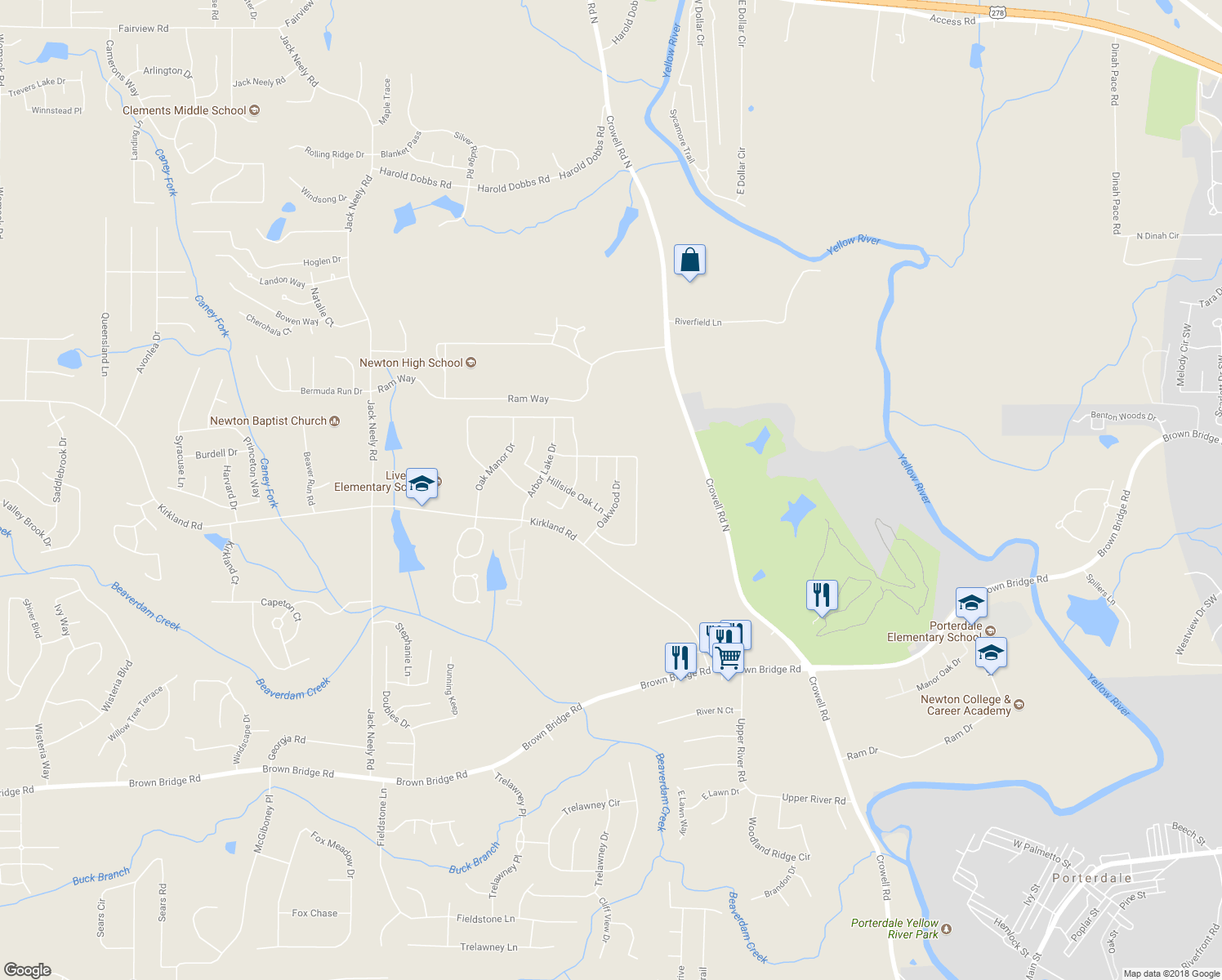map of restaurants, bars, coffee shops, grocery stores, and more near 115 Oakwood Drive in Covington