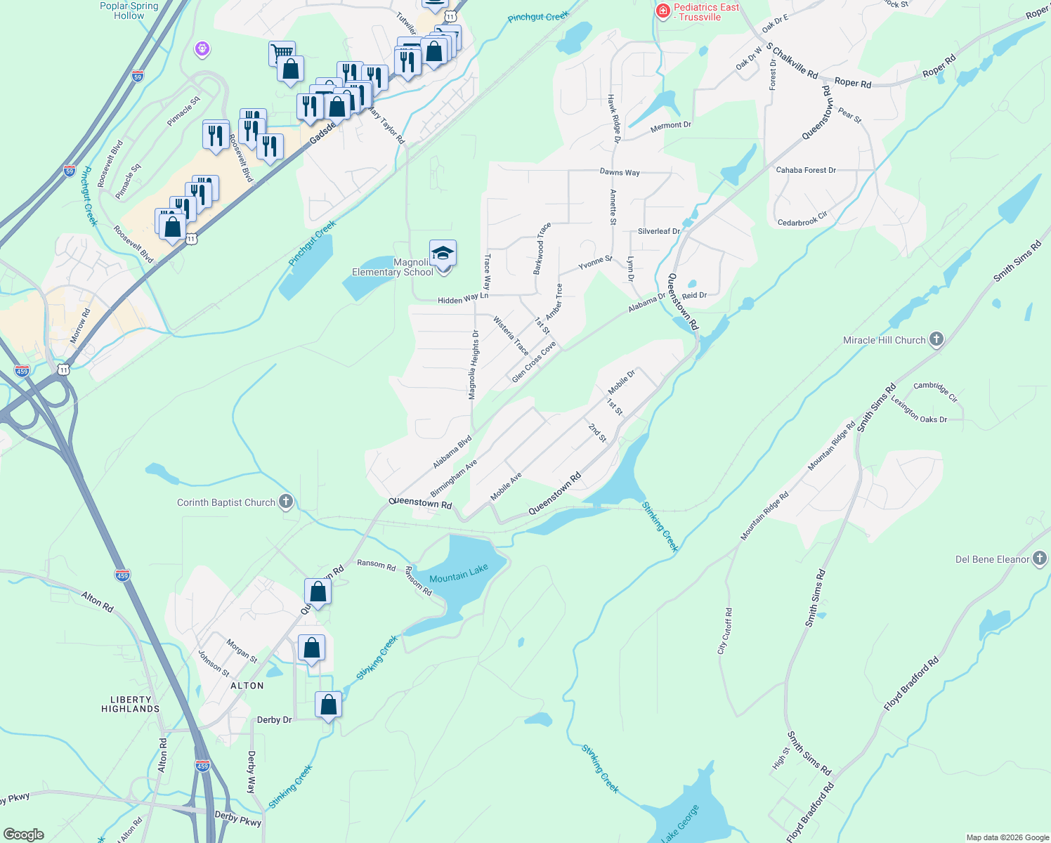 map of restaurants, bars, coffee shops, grocery stores, and more near 326 Birmingham Avenue in Trussville