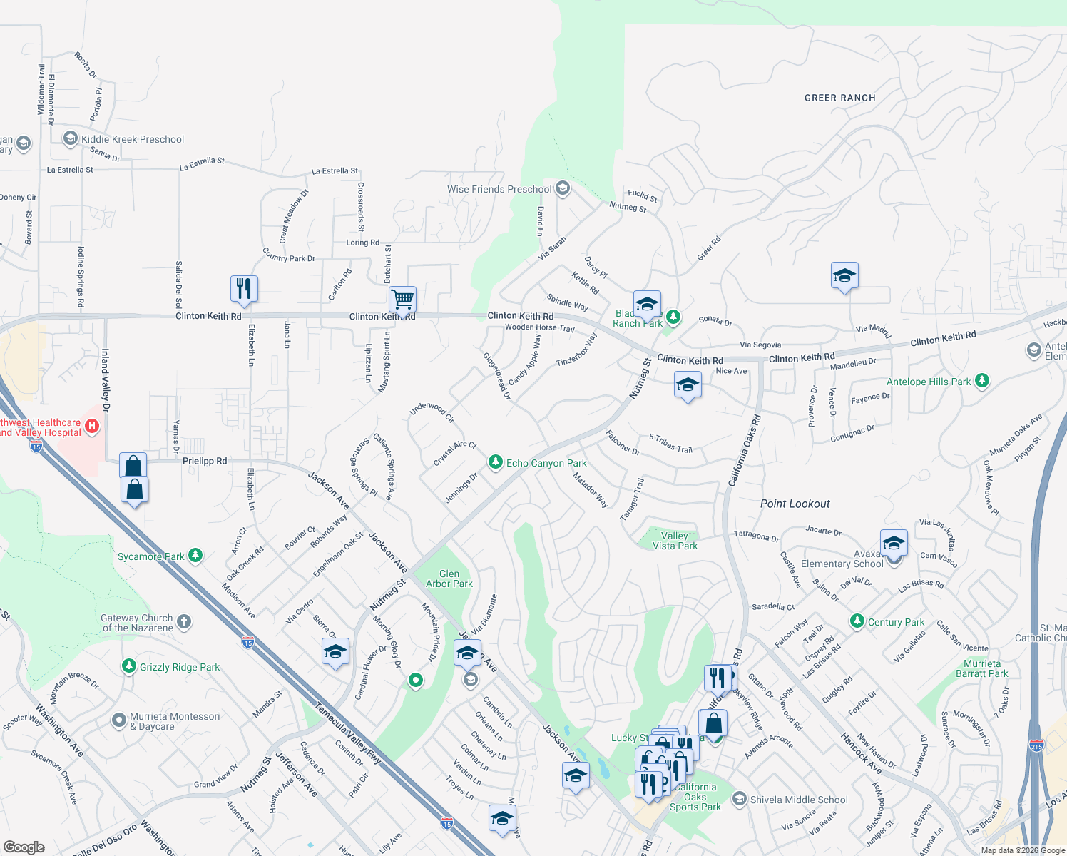 map of restaurants, bars, coffee shops, grocery stores, and more near 23751 Gingerbread Drive in Murrieta