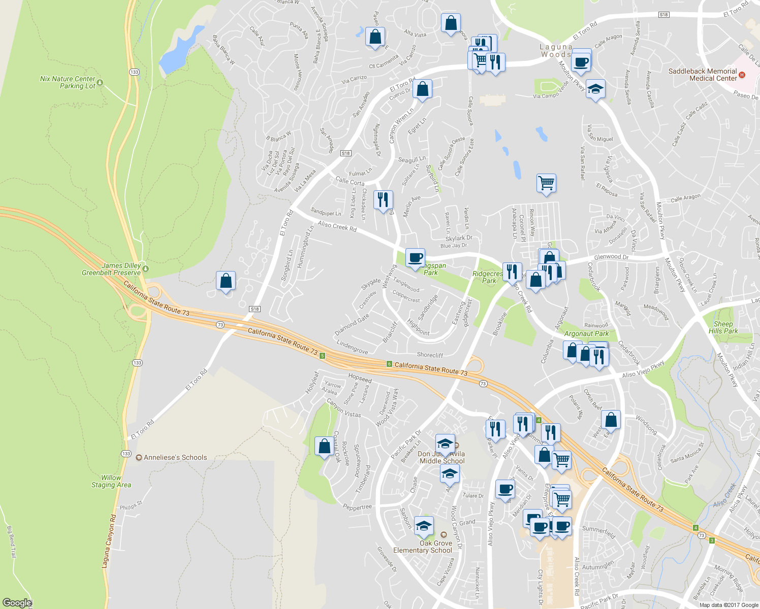 map of restaurants, bars, coffee shops, grocery stores, and more near 6 Diamond Gate in Aliso Viejo