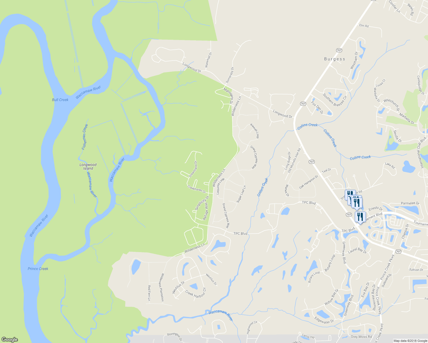 map of restaurants, bars, coffee shops, grocery stores, and more near 517 Daydream Court in Murrells Inlet