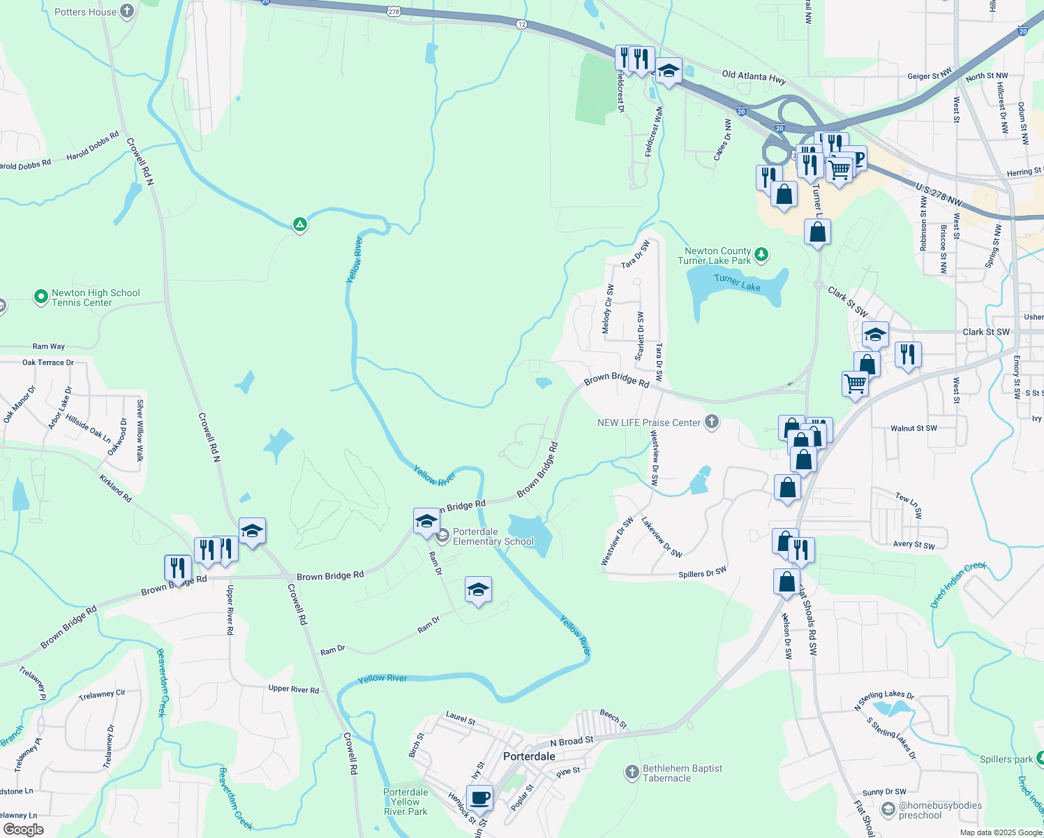 map of restaurants, bars, coffee shops, grocery stores, and more near 65 Waters Edge Lane in Covington