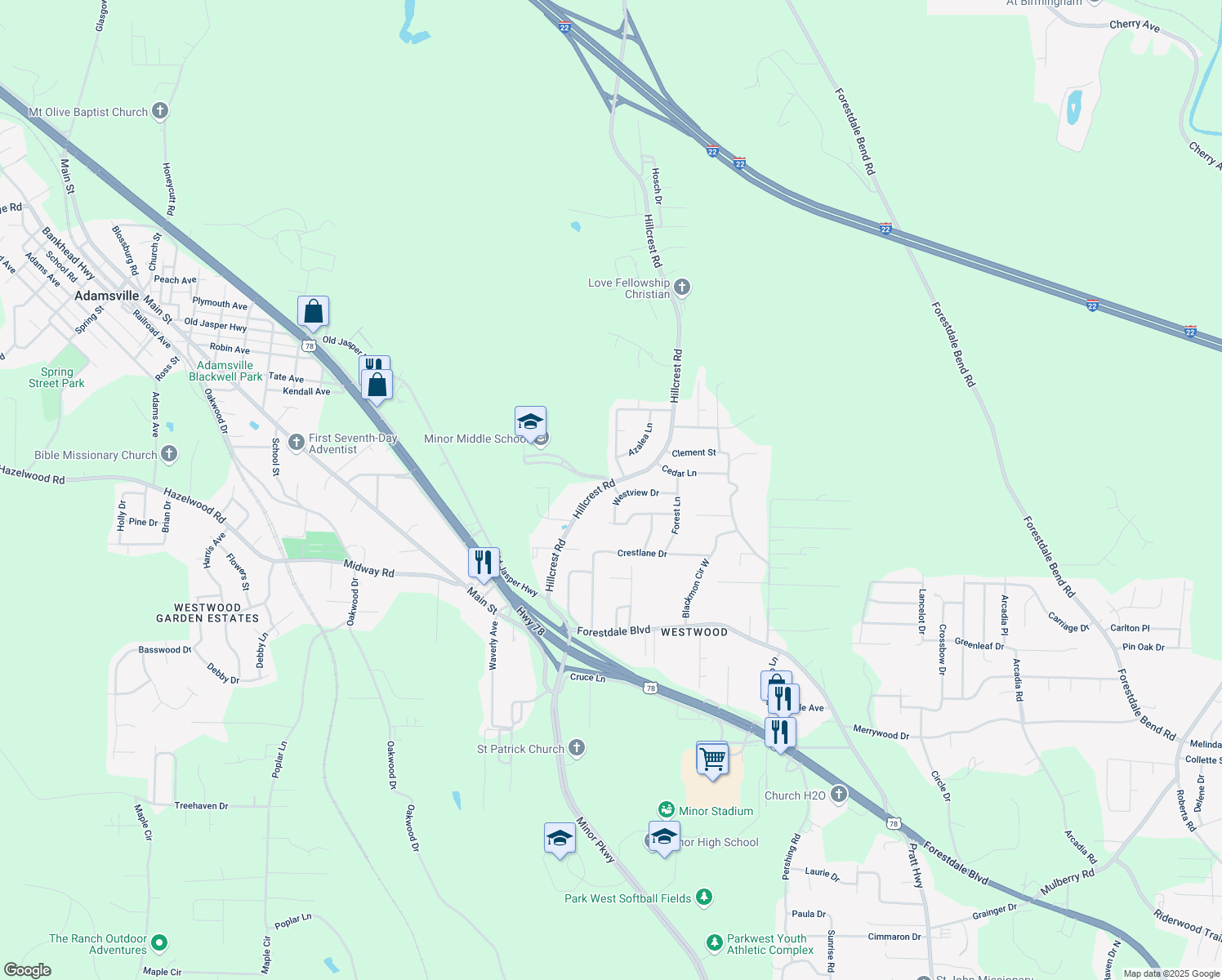 map of restaurants, bars, coffee shops, grocery stores, and more near 3012 Westview Ln in Adamsville