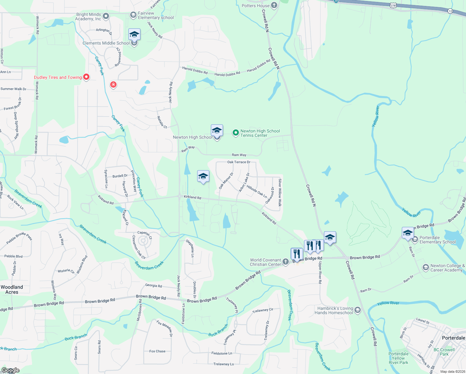 map of restaurants, bars, coffee shops, grocery stores, and more near 75 Lakeview Crossing Drive in Covington