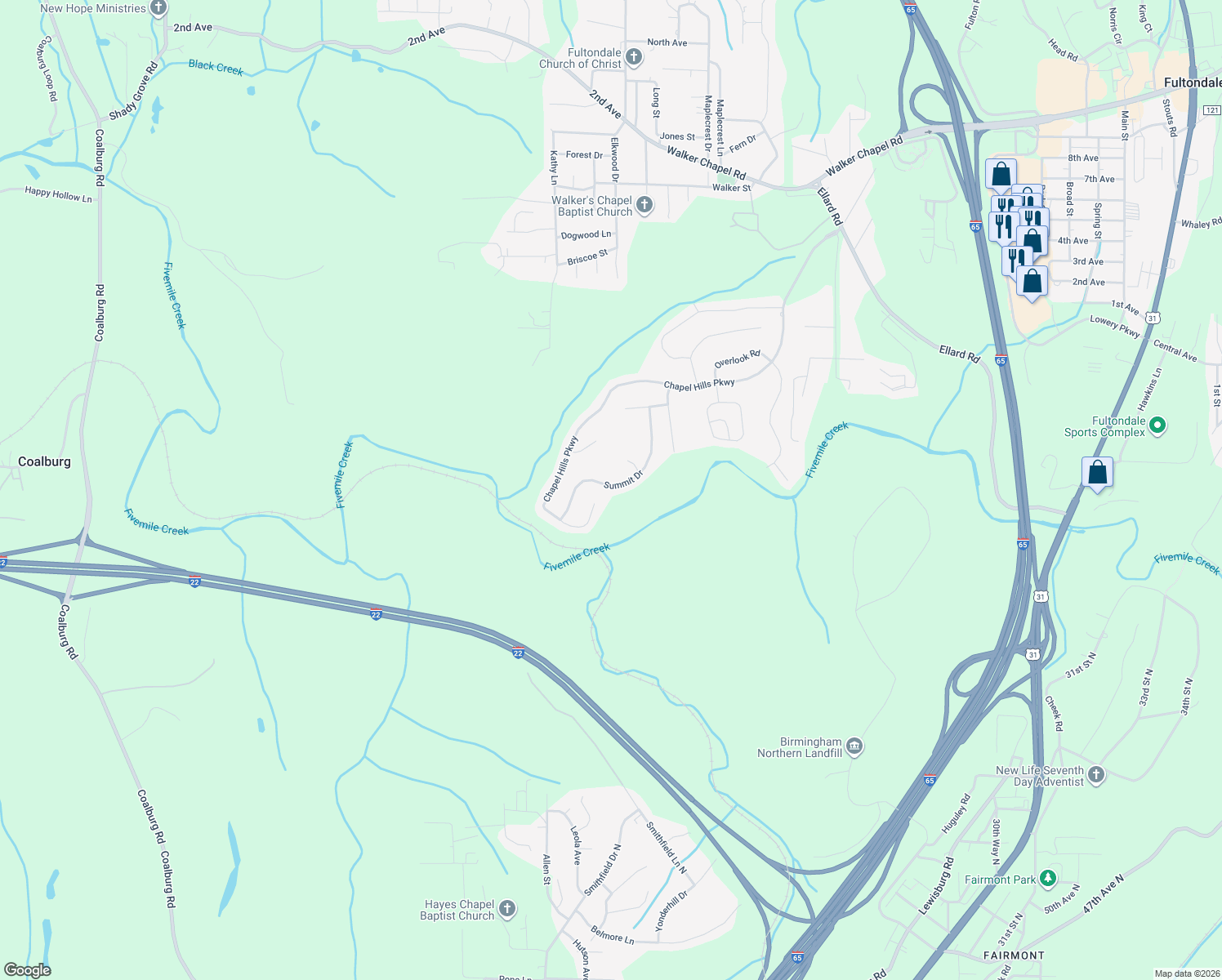 map of restaurants, bars, coffee shops, grocery stores, and more near 2957 Summit Drive in Fultondale