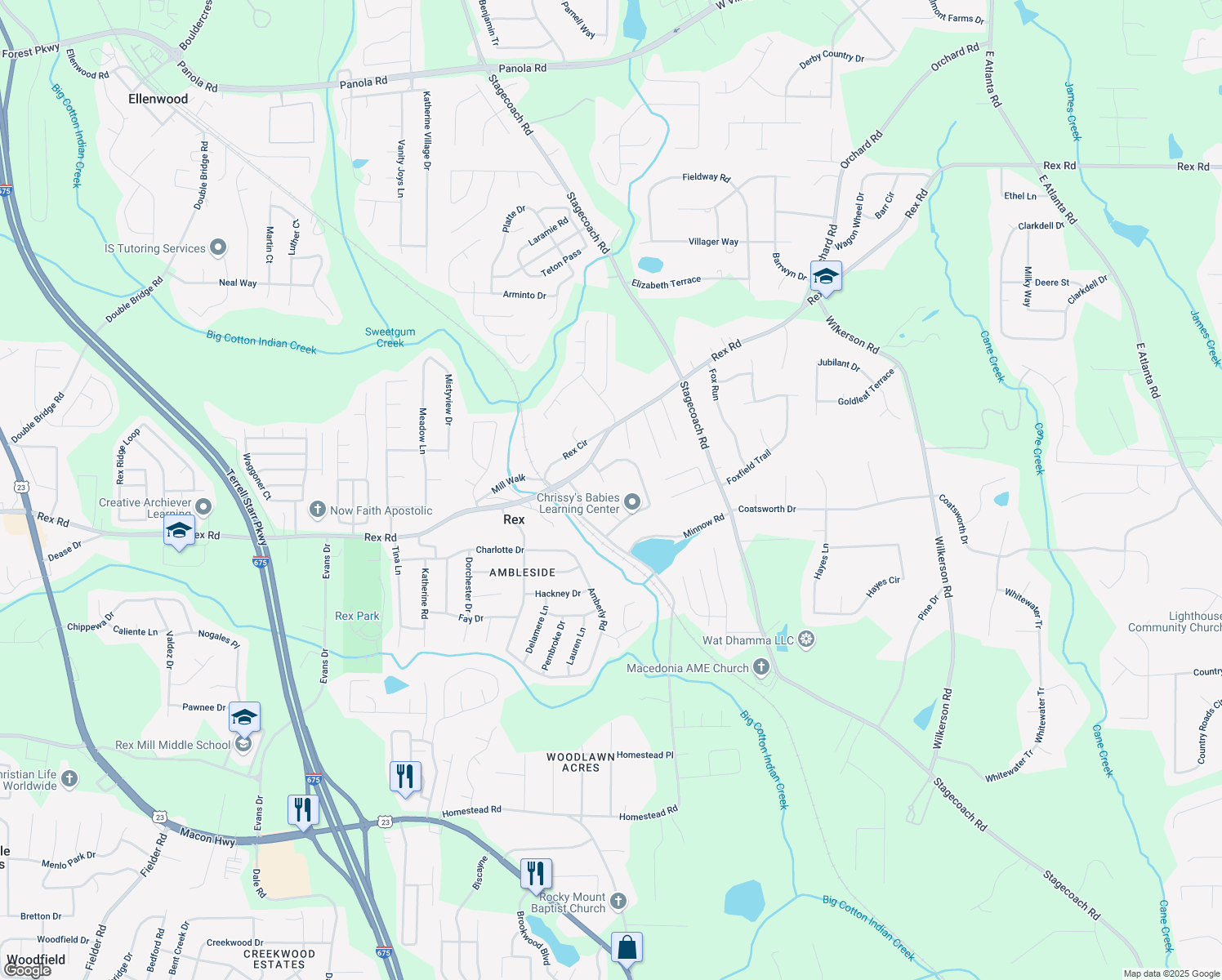 map of restaurants, bars, coffee shops, grocery stores, and more near 5920 Homestead Court in Rex