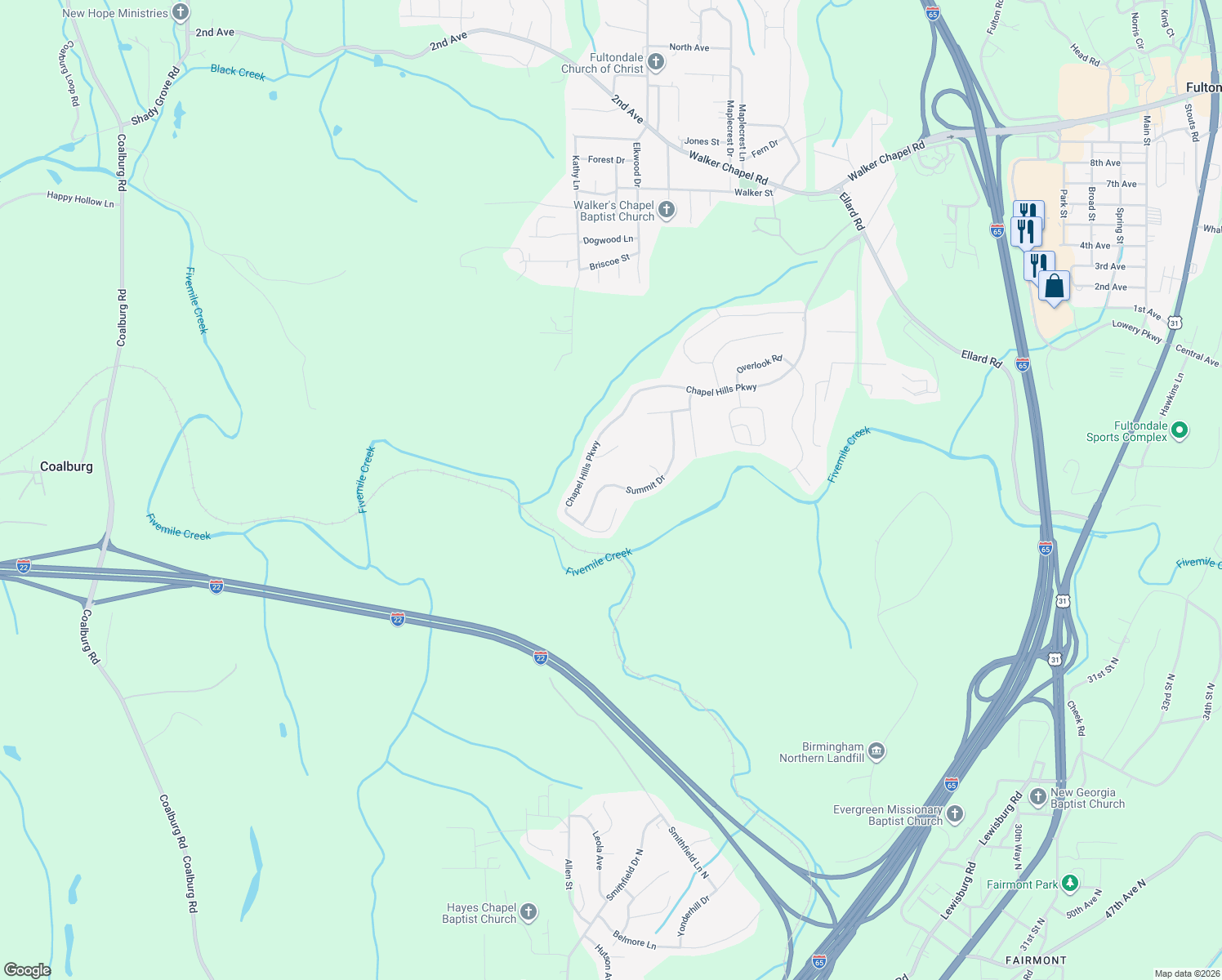 map of restaurants, bars, coffee shops, grocery stores, and more near 2917 Summit Drive in Fultondale